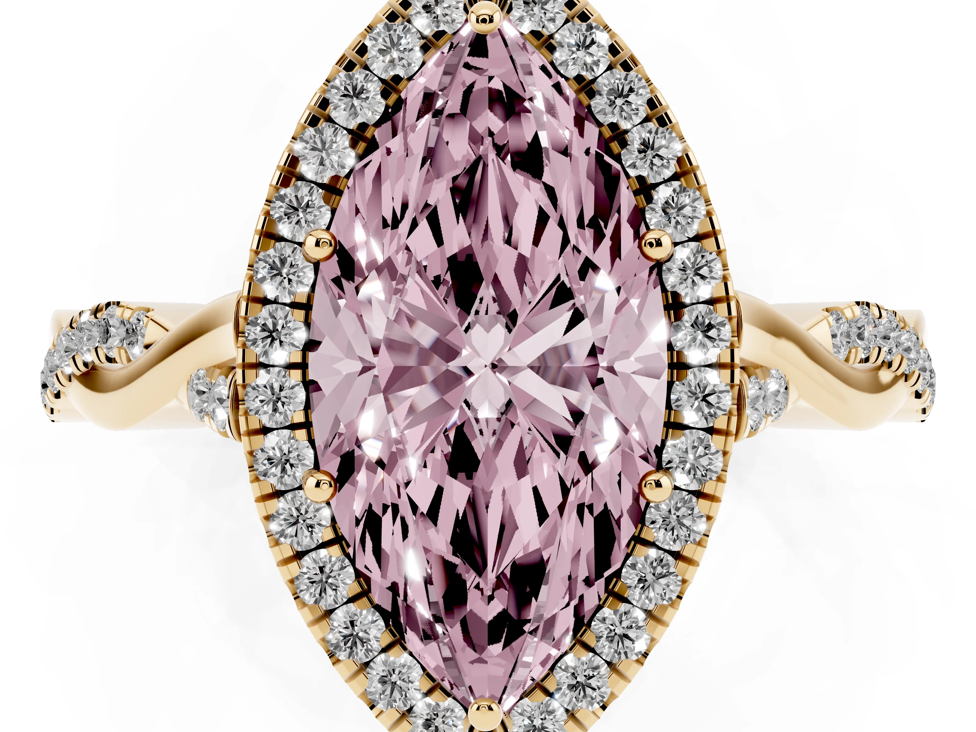 Fancy Pink Marquise Cut Diamond Halo Twist Band Solitaire Ring Set in Yellow gold with Prong Setting