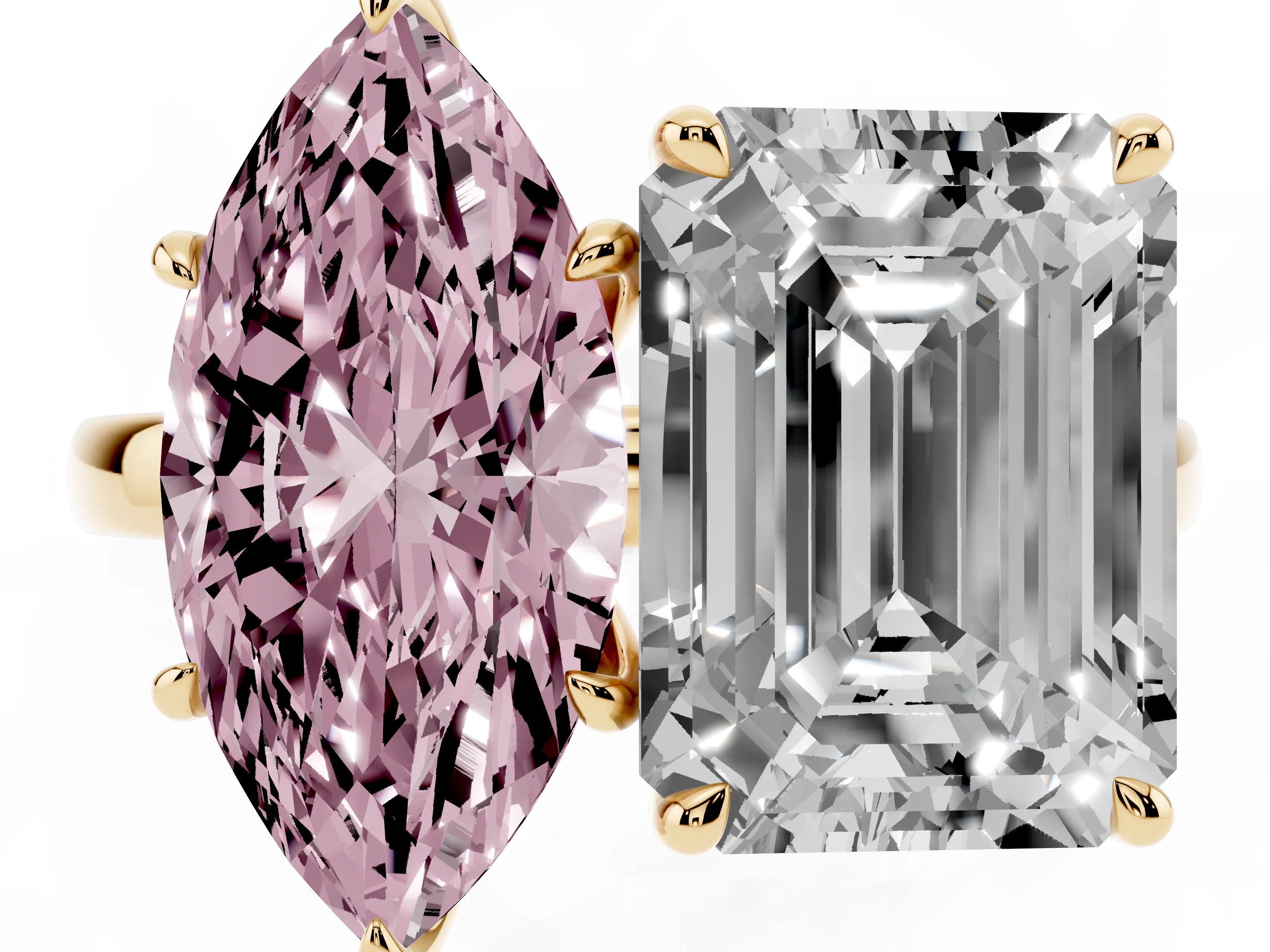 Fancy Pink Marquise Cut and Emerald Cut Toi Moi Ring Set in Yellow gold with Prong Setting