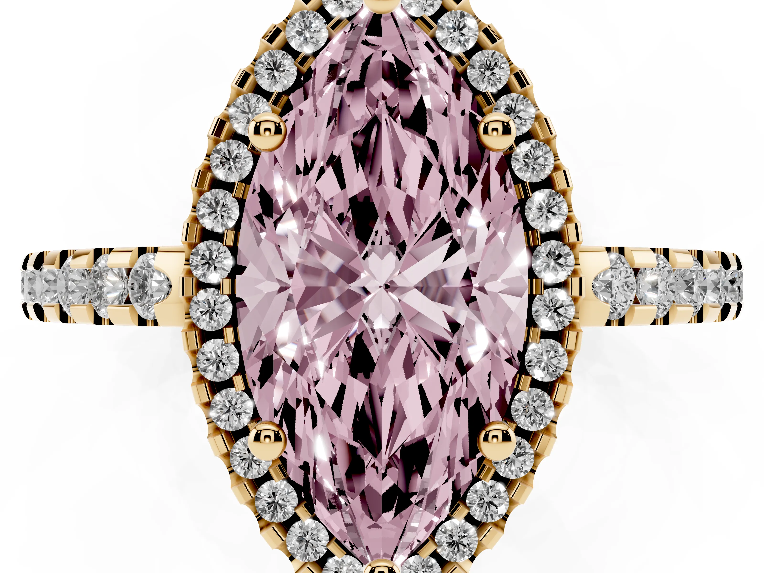 Fancy Pink Marquise Cut Diamond Halo Ring Set in Yellow gold with Pavé Shoulders and Halo-Framed Center