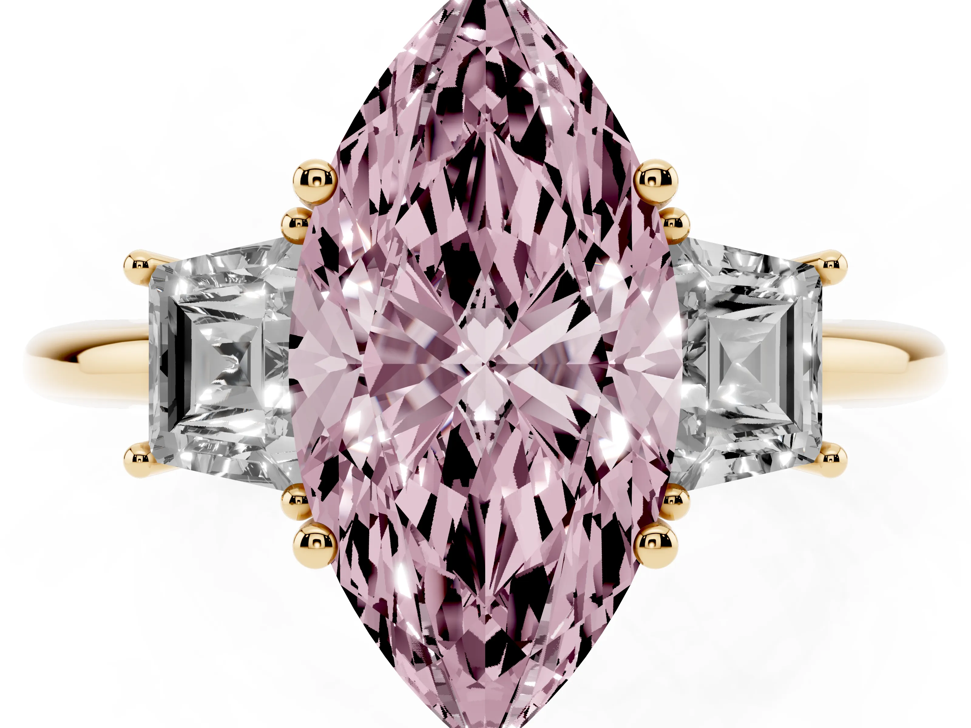 Fancy Pink Marquise Cut Diamond Three-Stone Ring Set in Yellow gold with Trapezoid Side Stones and Prong Setting