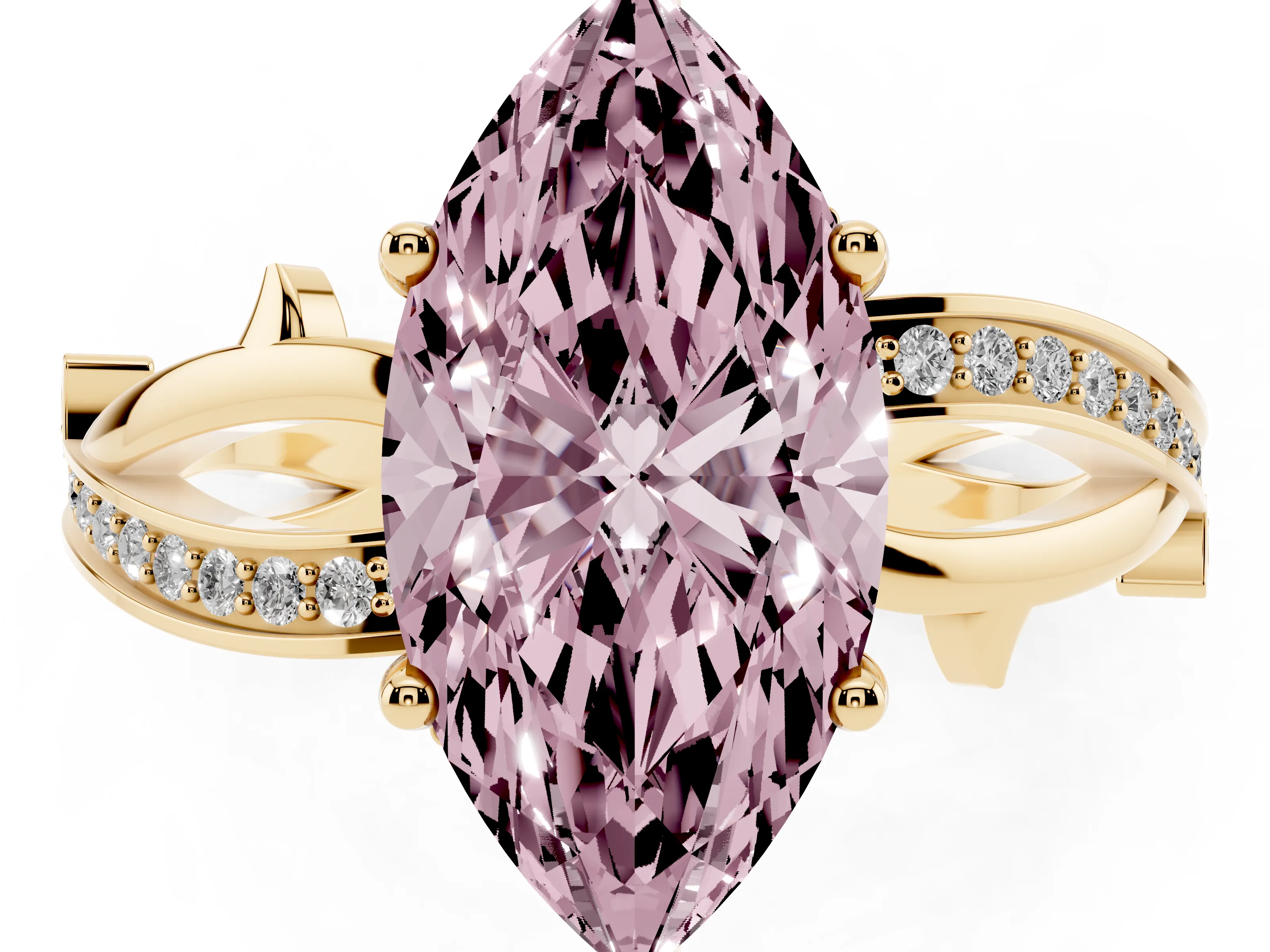 Fancy Pink Marquise Cut Diamond Pavé Twist Band Solitaire Ring Set in Yellow gold with Prong Setting