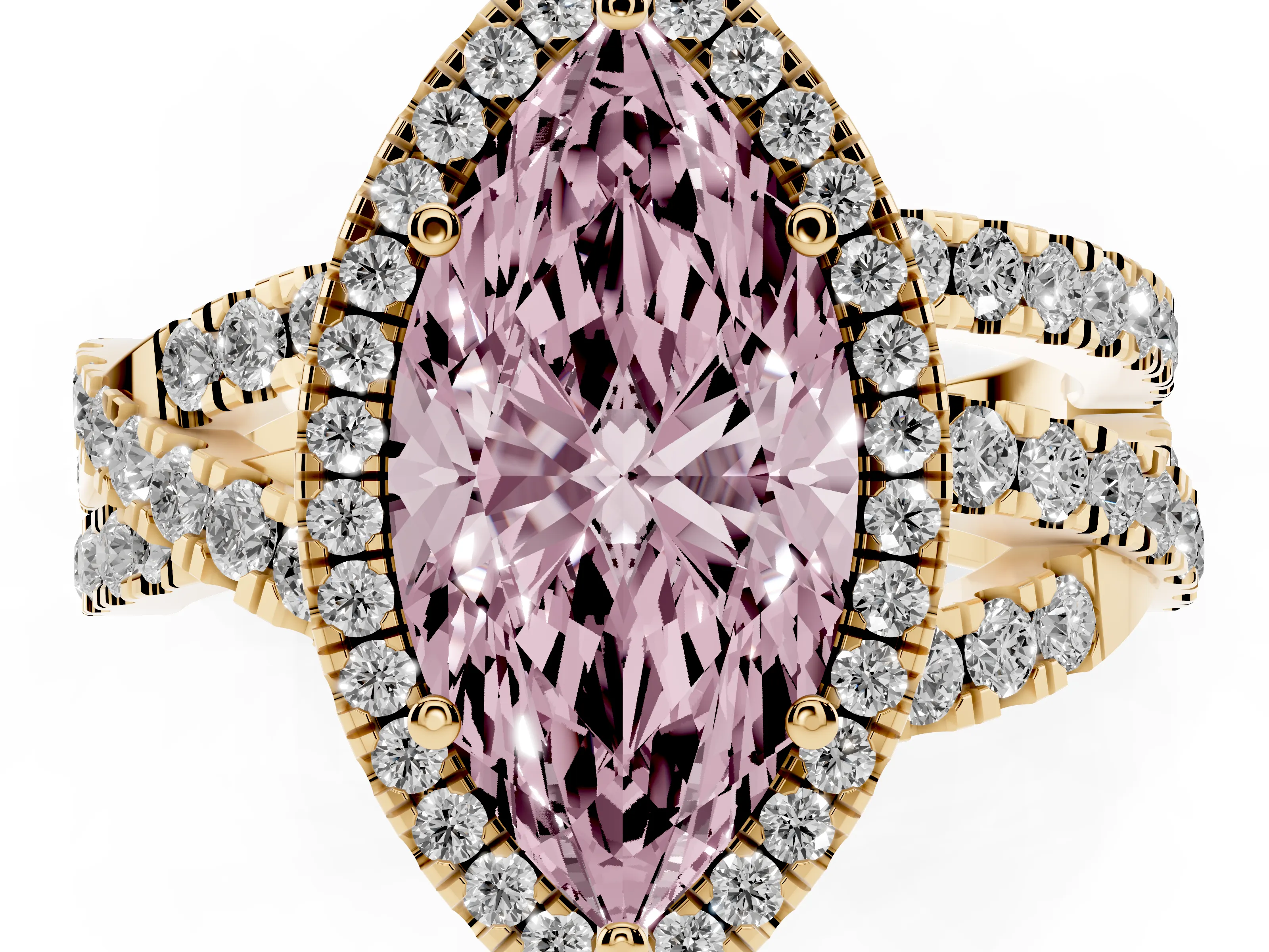 Fancy Pink Marquise Cut Diamond Halo Ring Set in Yellow gold with Round Crossover Split Shank and Prong Setting
