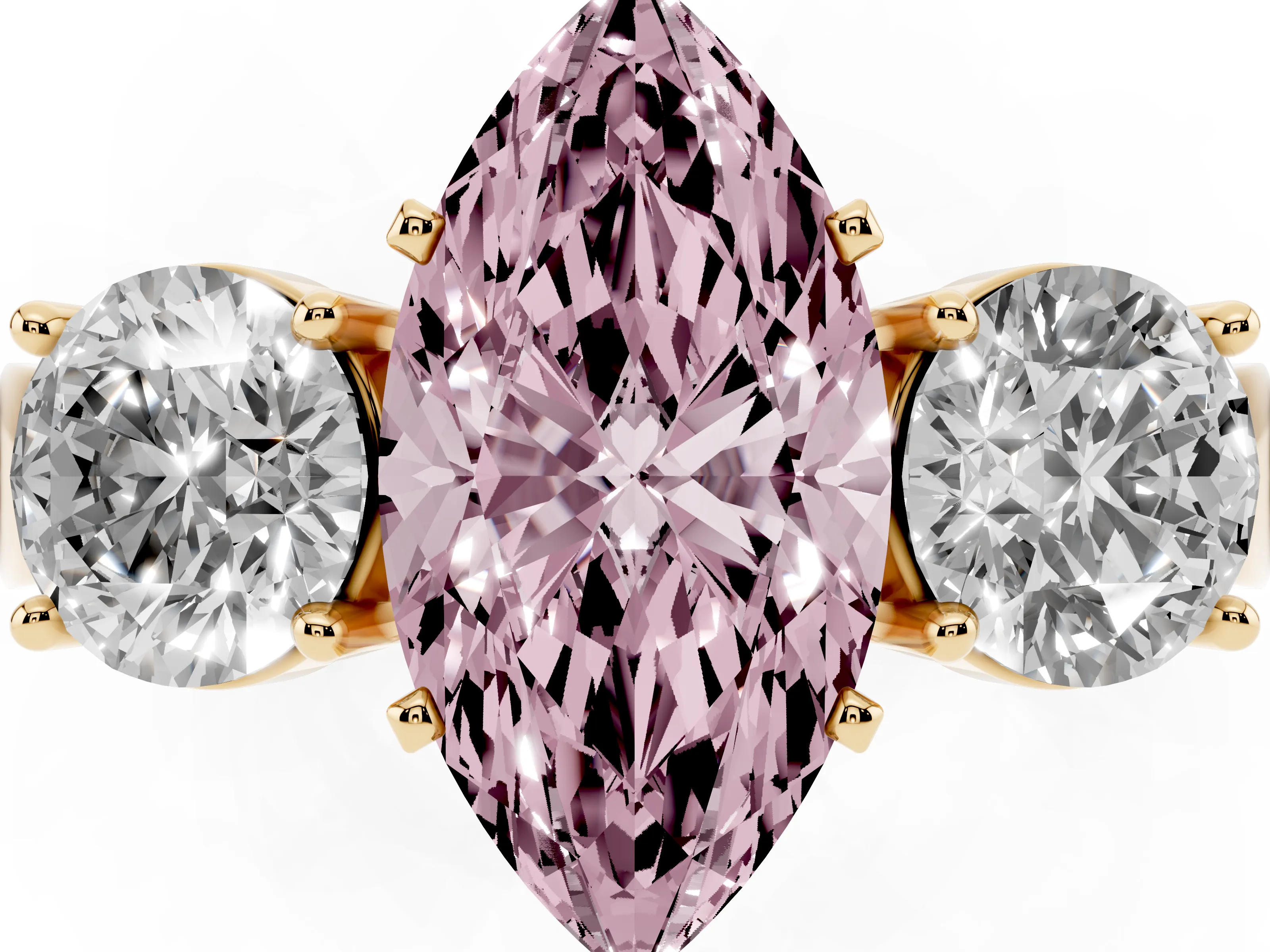 Fancy Pink Marquise Cut Diamond Three-Stone Ring Set in Yellow gold with Round Side Stones and Classic Band