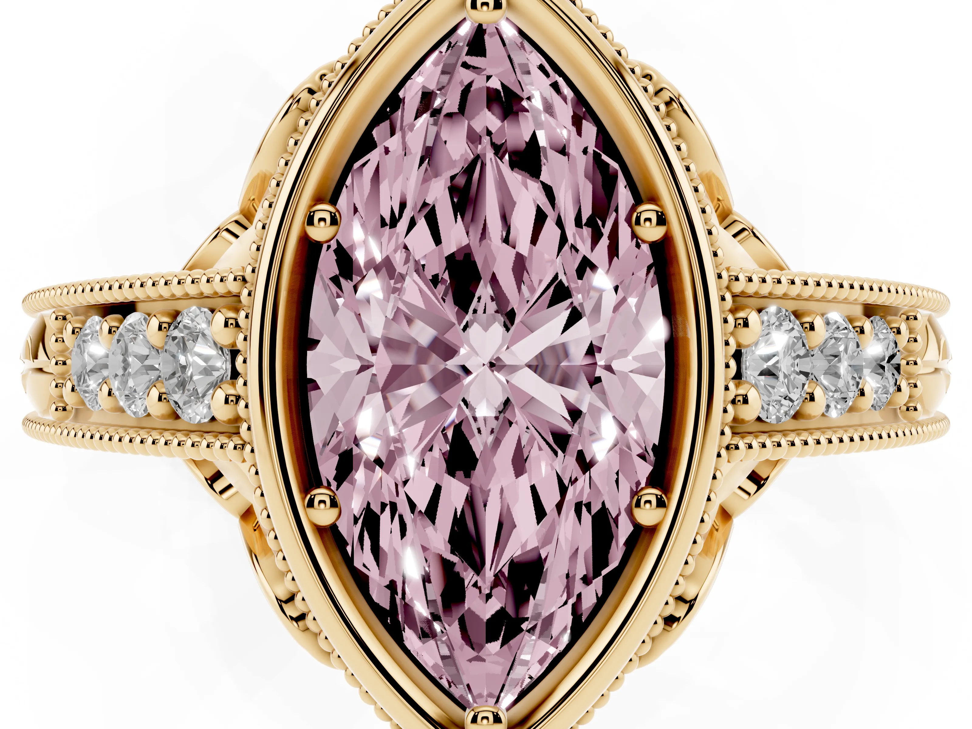 Fancy Pink Bezel Set Marquise Cut Diamond Milgrain Pavé Engagement Ring Set in Yellow gold