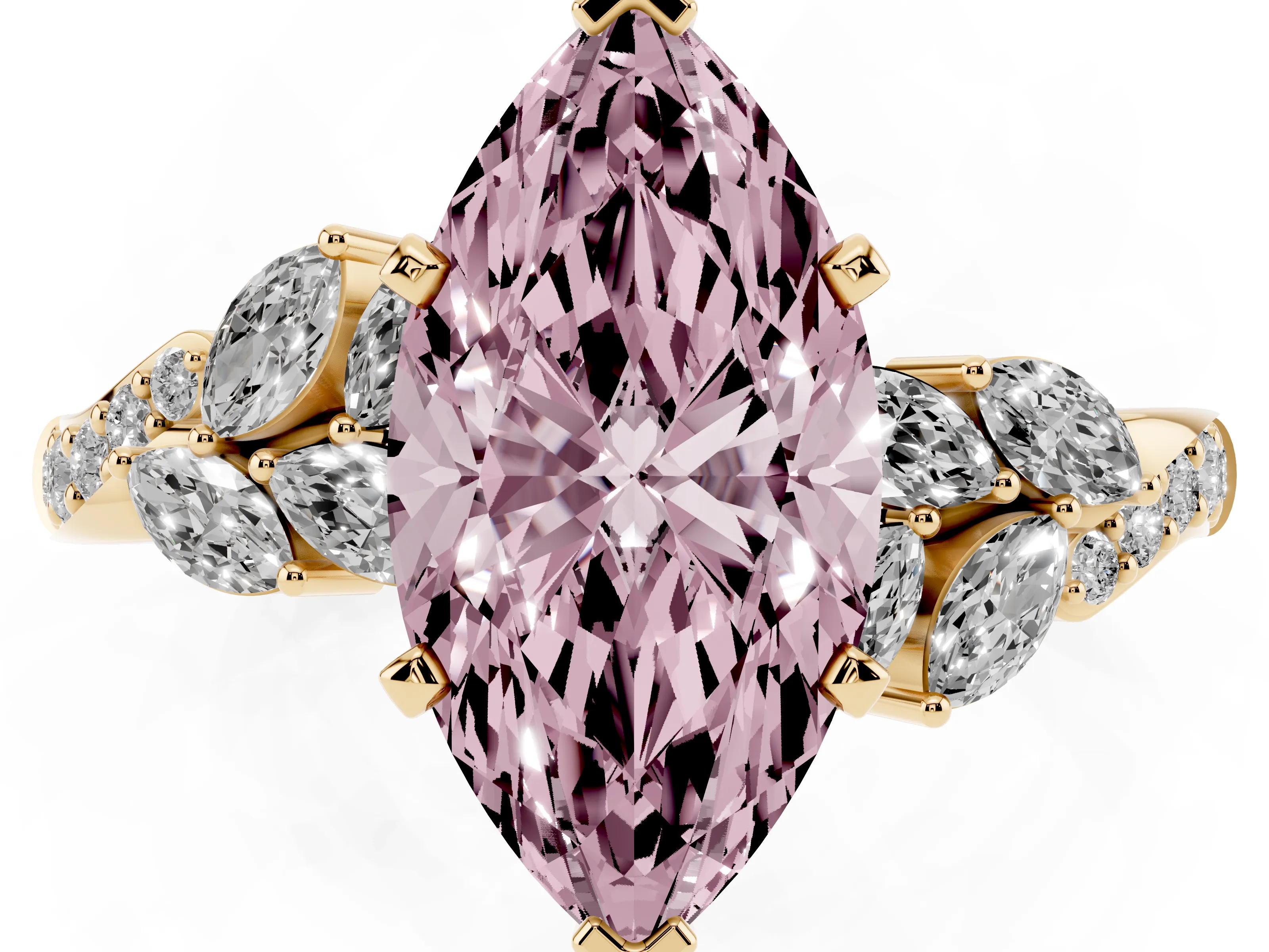 Fancy Pink Marquise Cut Diamond Solitaire Ring Set in Yellow gold with Marquise Twist Band and Prong Setting