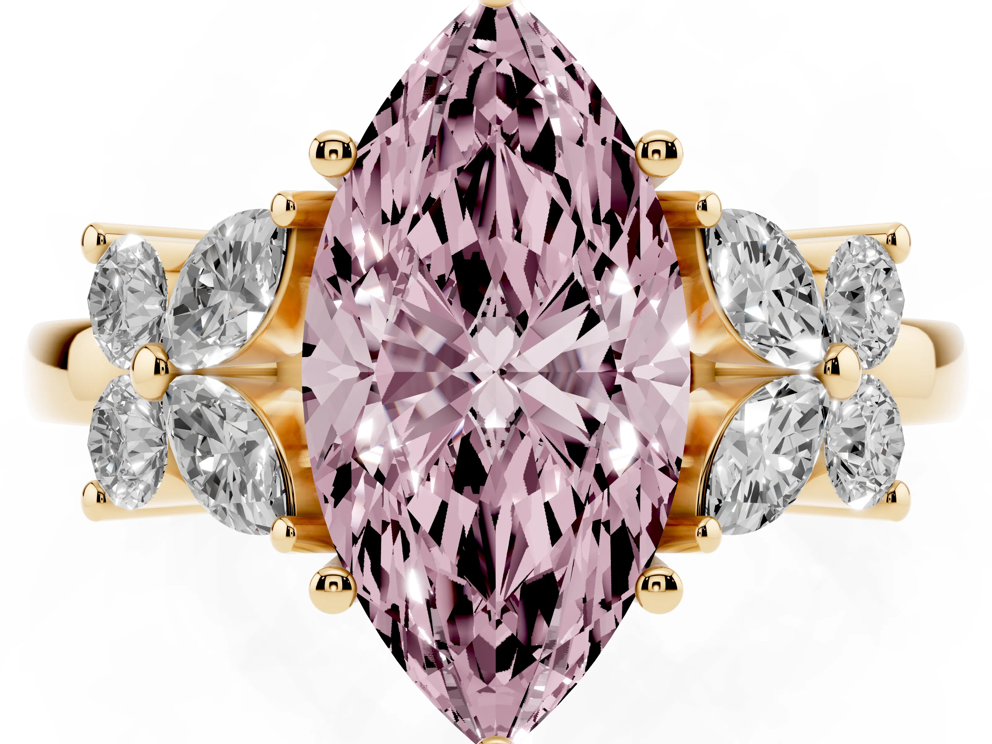 Fancy Pink Marquise Cut Diamond Floral Cluster Ring Set in Yellow gold with Marquise Petals and Prong Setting