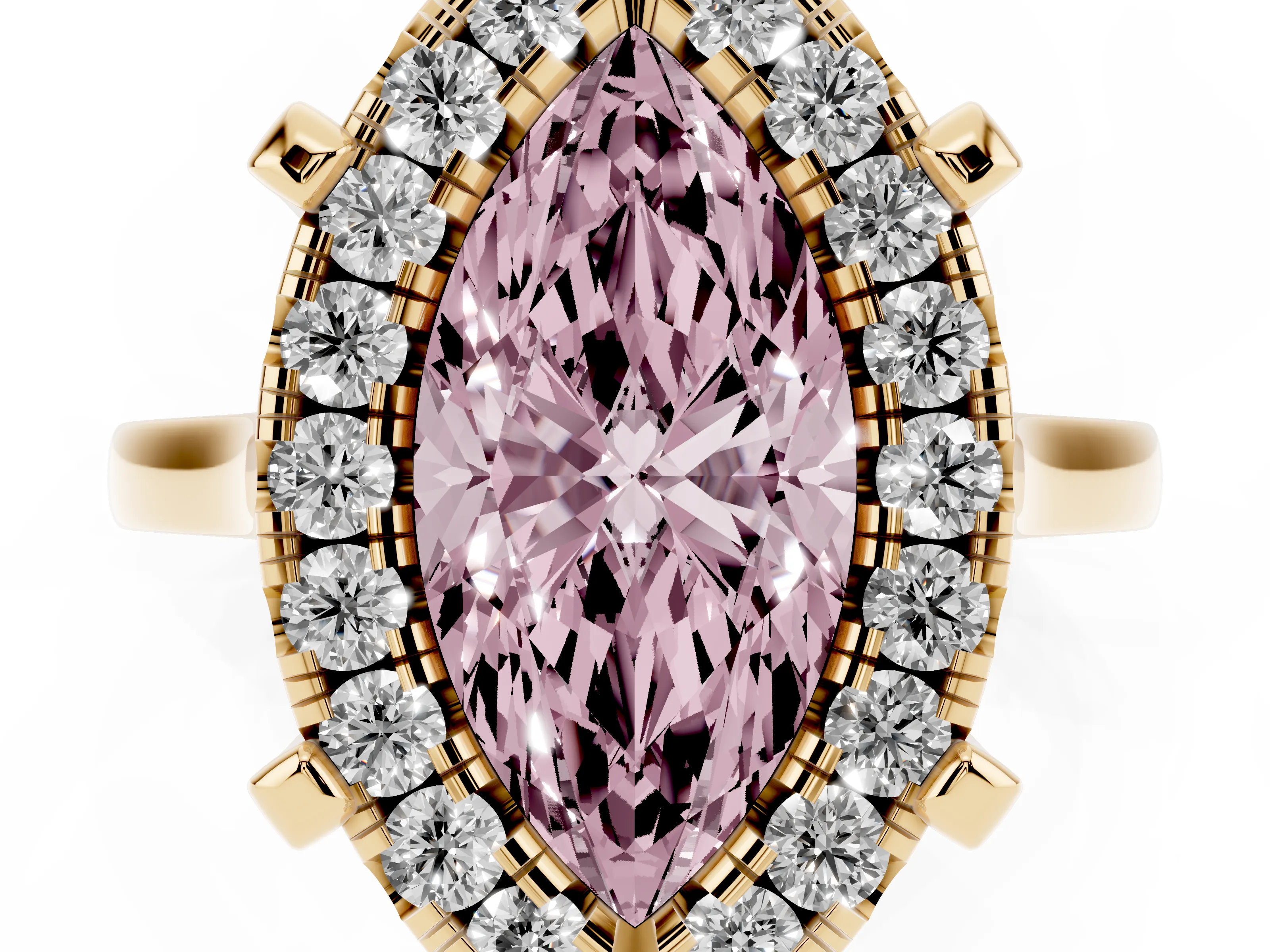 Fancy Pink Marquise Cut Diamond Cluster Halo Solitaire Ring Set in Yellow gold with Prong Setting