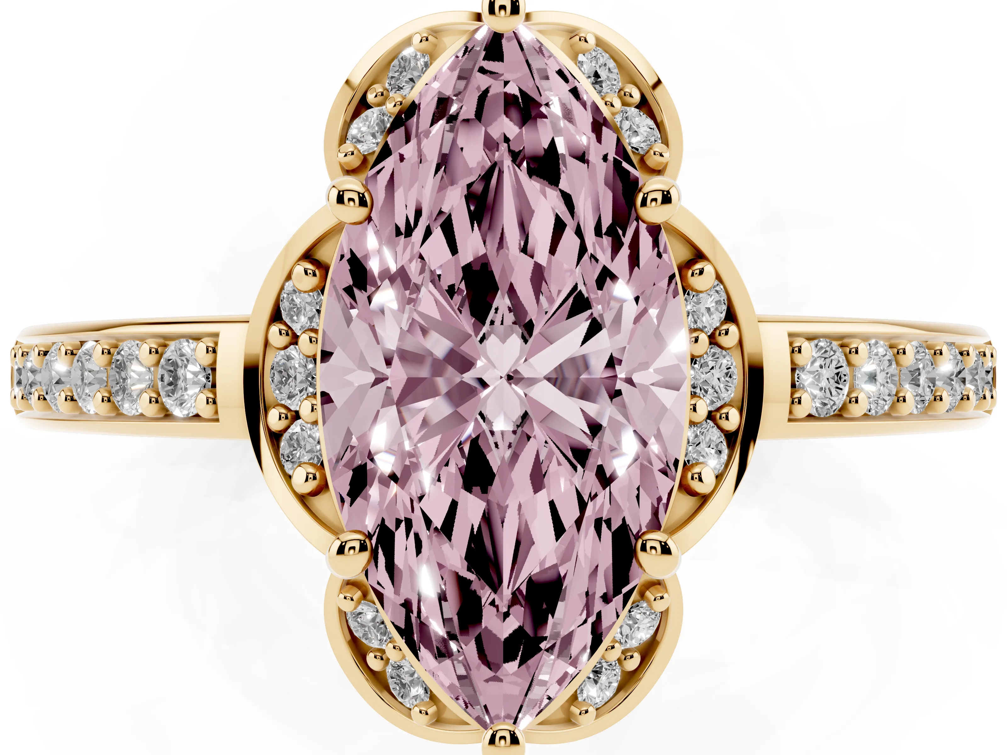 Fancy Pink Marquise Cut Diamond Halo Ring Set in Yellow gold with Channel Set Band and Prong Setting