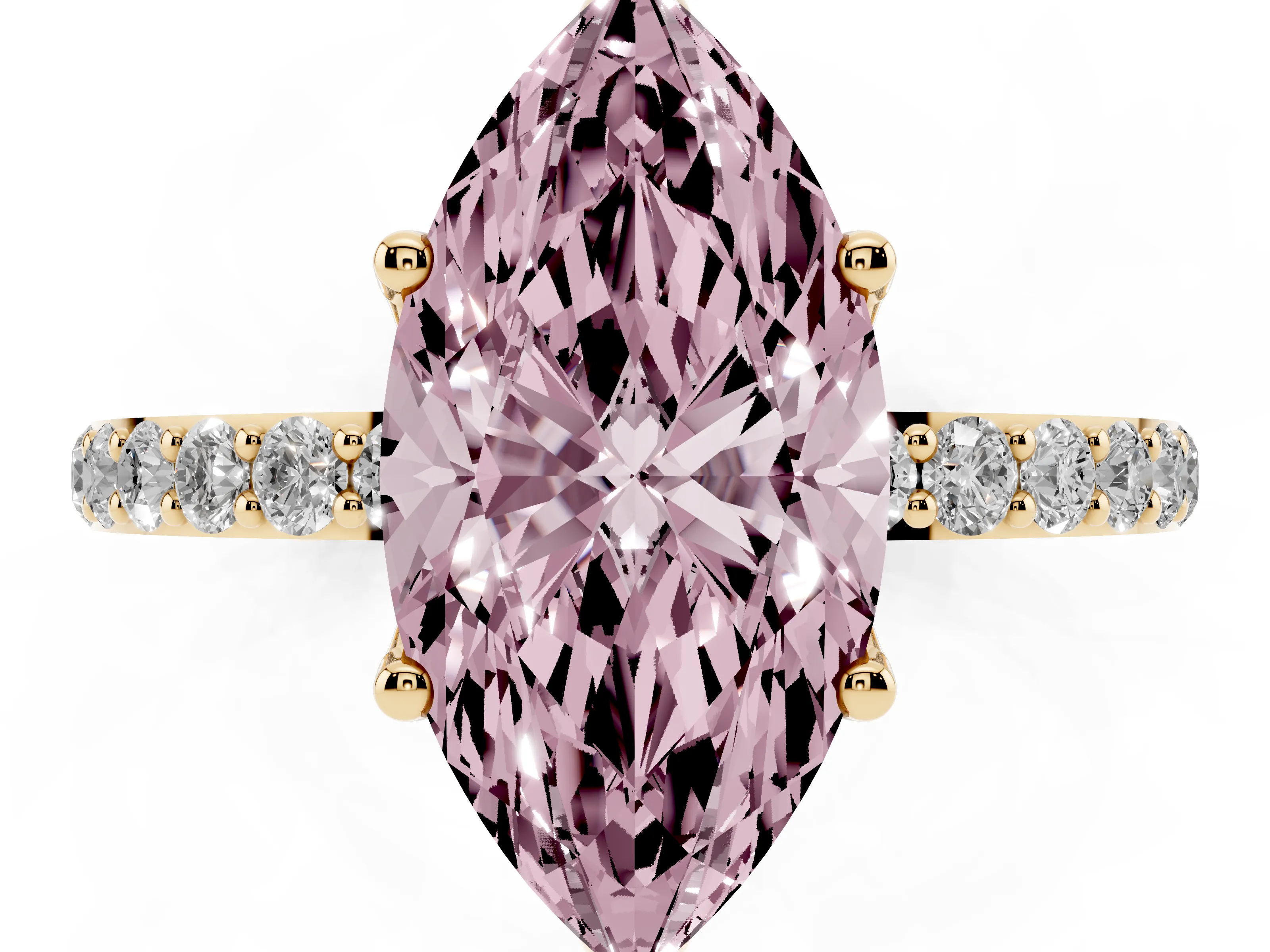 Fancy Pink Marquise Cut Diamond Solitaire Engagement Ring Set in Yellow gold with Round Pavé Band and Prong Setting