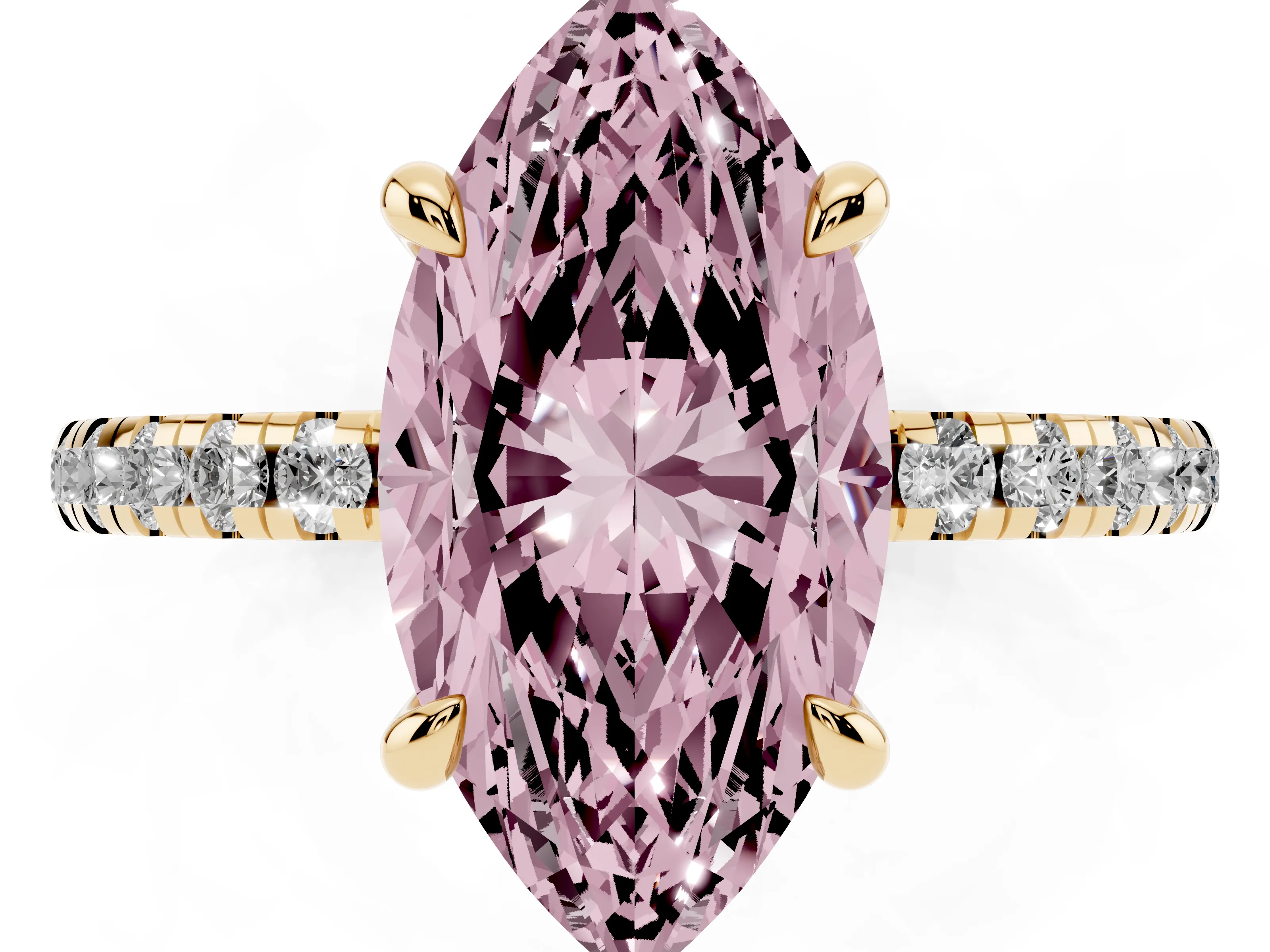 Fancy Pink Marquise Cut Diamond Brilliant Solitaire Ring Set in Yellow gold with Pavé Band and Prong Setting
