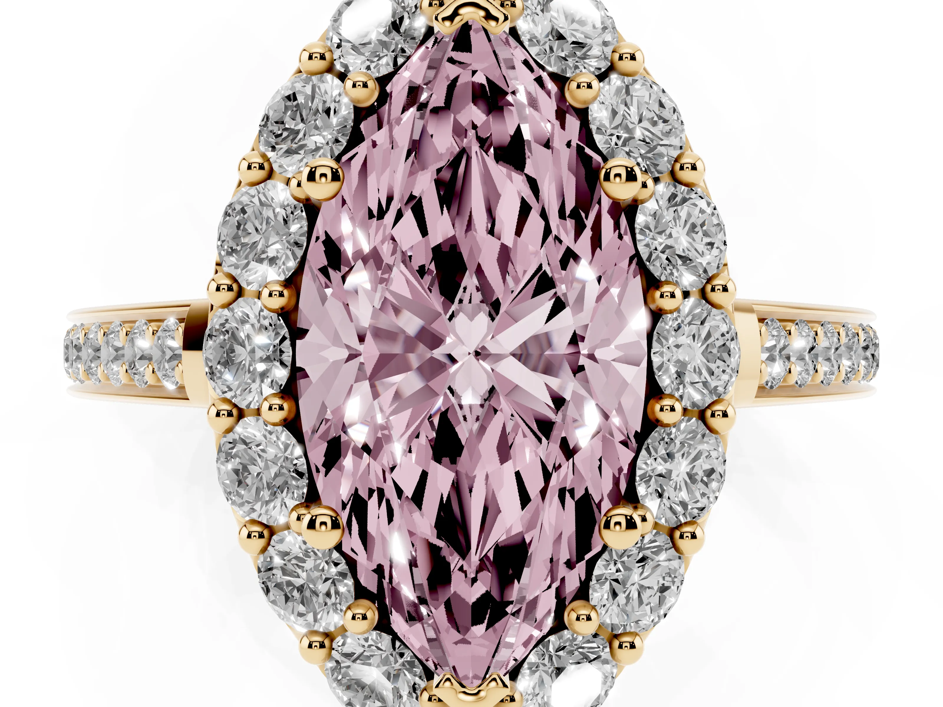 Fancy Pink Marquise Cut Diamond Floral Halo Ring Set in Yellow gold with Pavé Band and Prong Setting