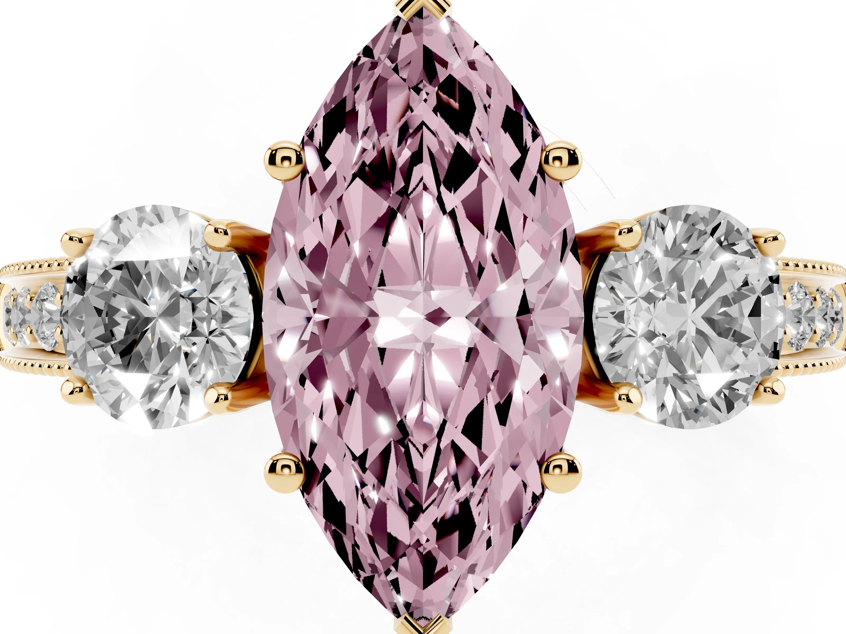 Fancy Pink Marquise Cut Diamond Three-Stone Ring Set in Yellow gold with Round Side Stones and Pavé Band