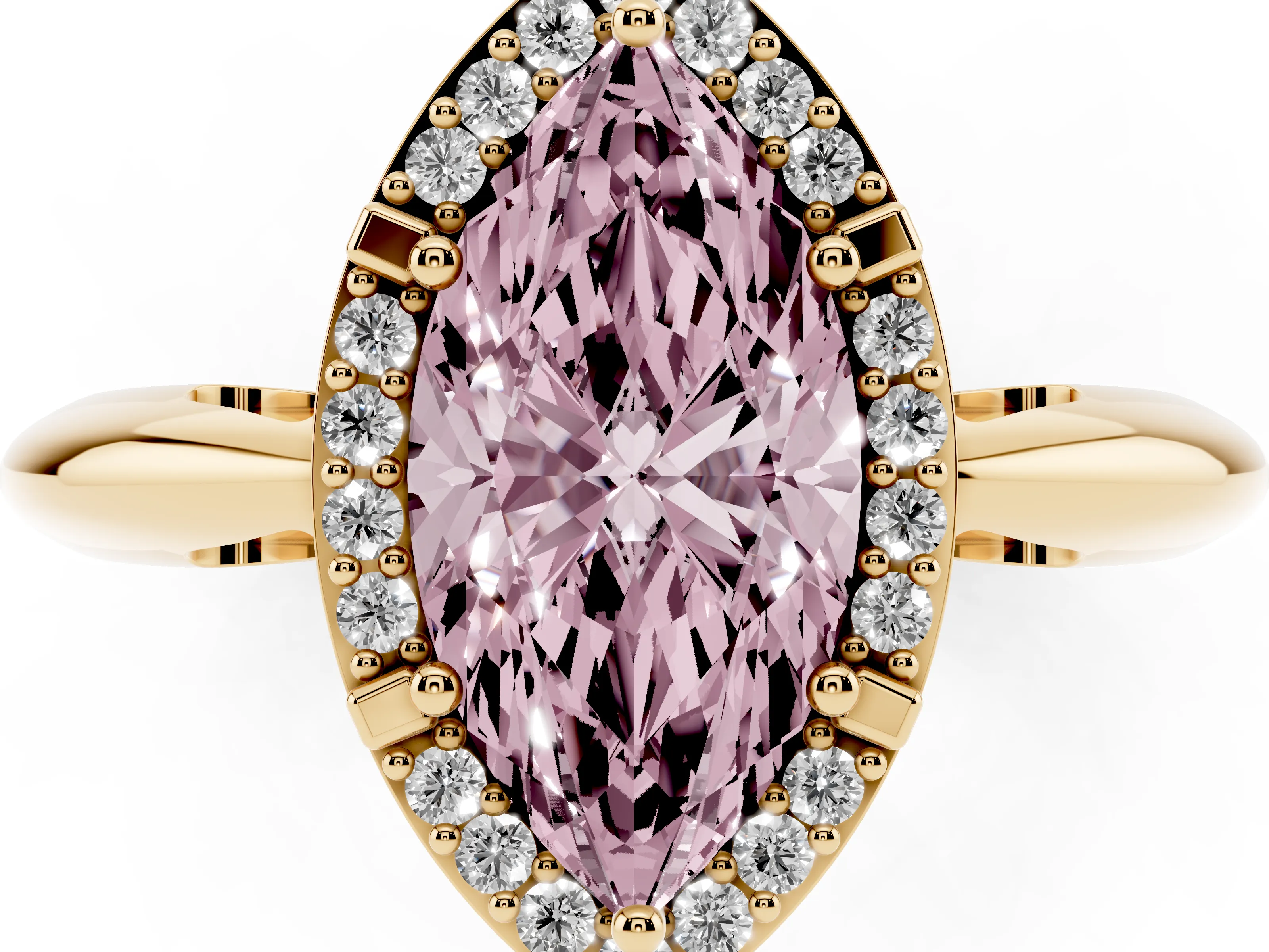 Fancy Pink Marquise Cut Diamond Halo Engagement Ring Set in Yellow gold with Plain Split Shank and Prong Setting