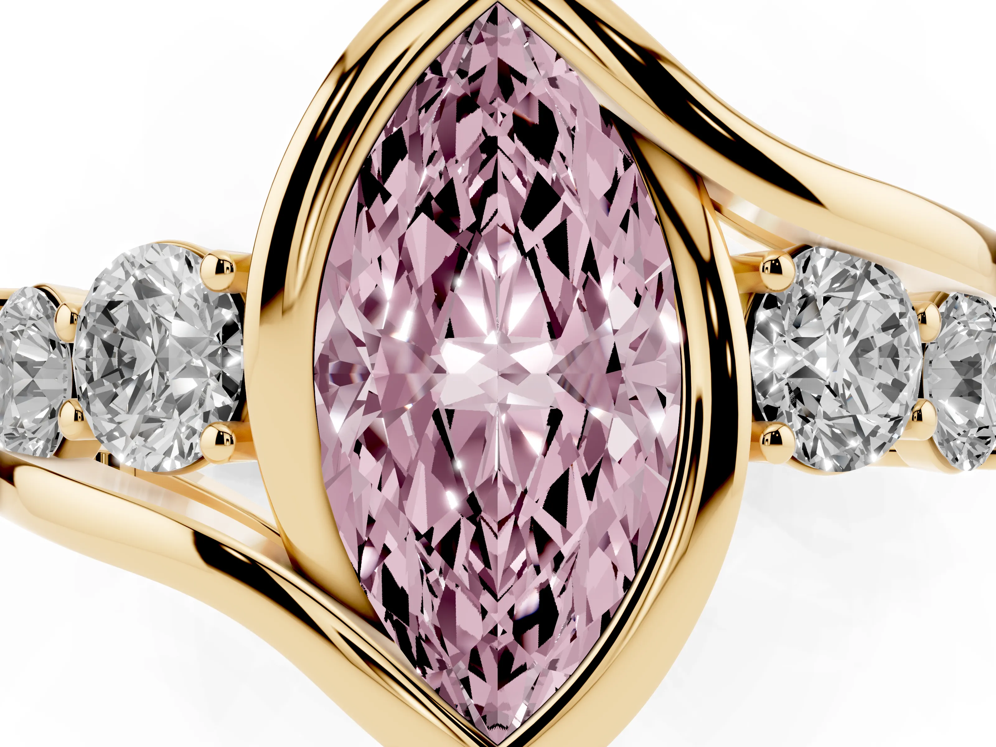 Fancy Pink Marquise Cut Diamond Bezel Bypass Ring Set in Yellow gold with Round Accents
