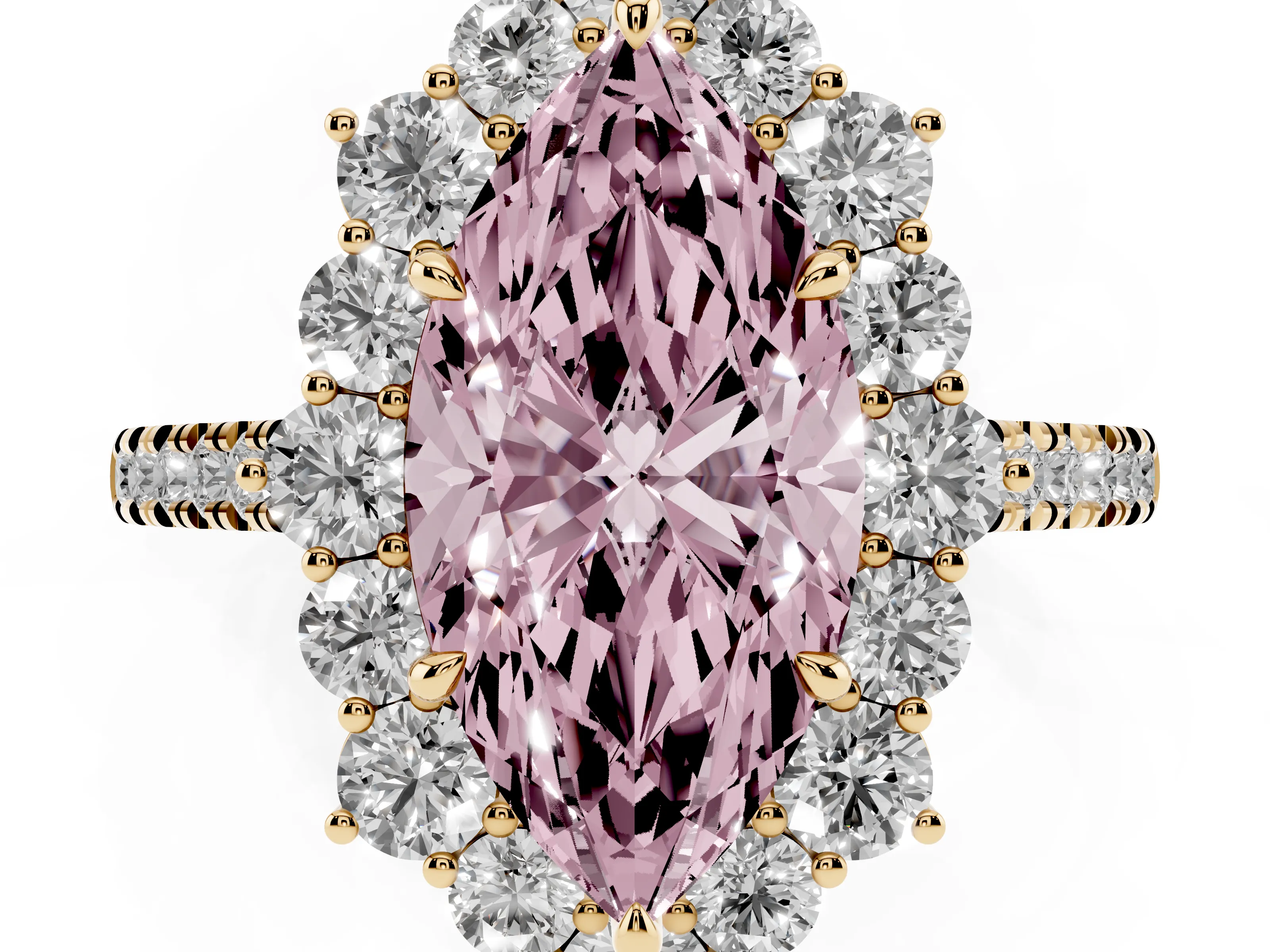 Fancy Pink Marquise Cut Diamond Halo Ring Set in Yellow gold with Pavé Band and Prong Setting
