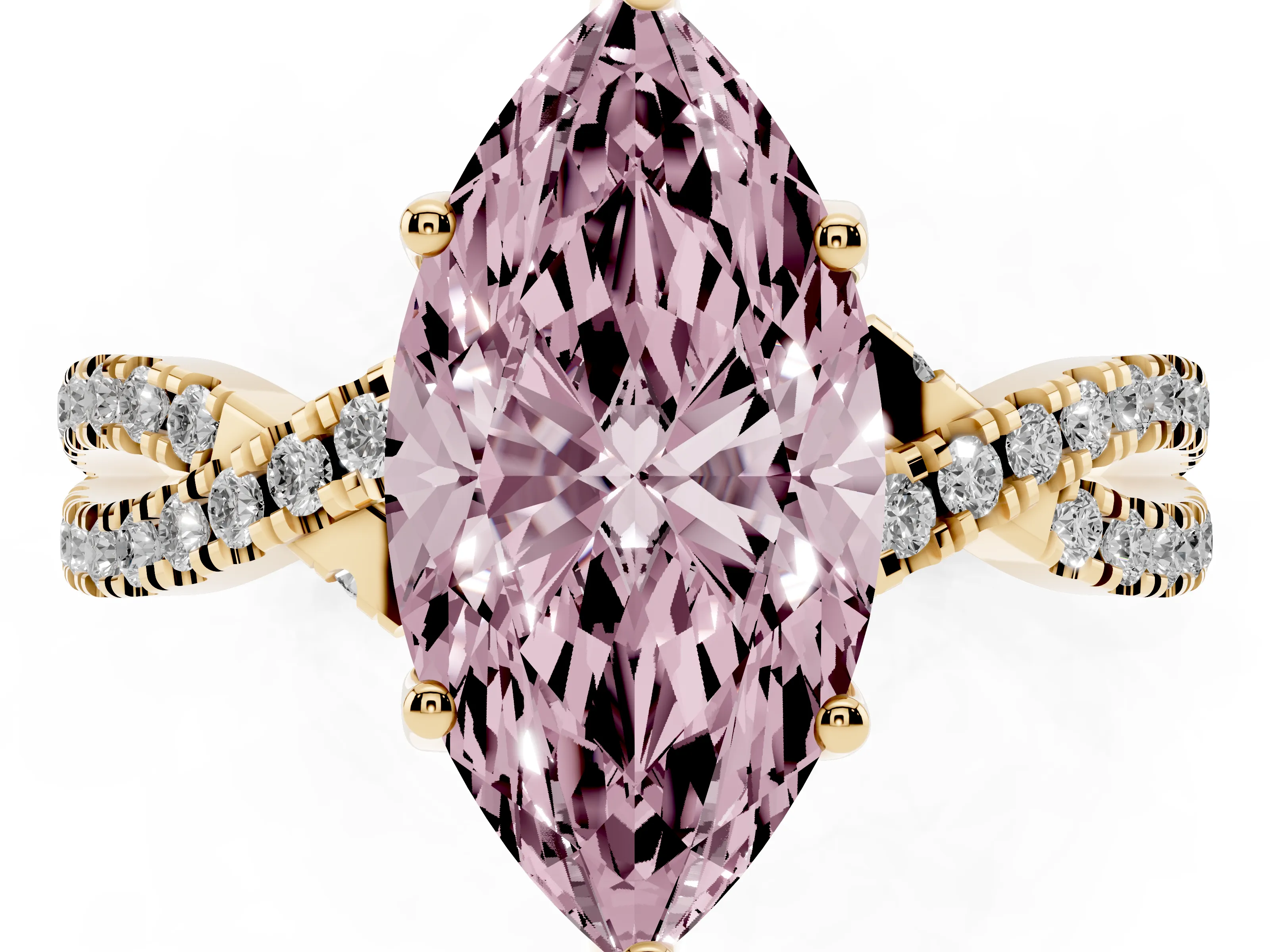 Fancy Pink Marquise Cut Diamond Twist Pavé Solitaire Engagement Ring Set in Yellow gold with Prong Setting