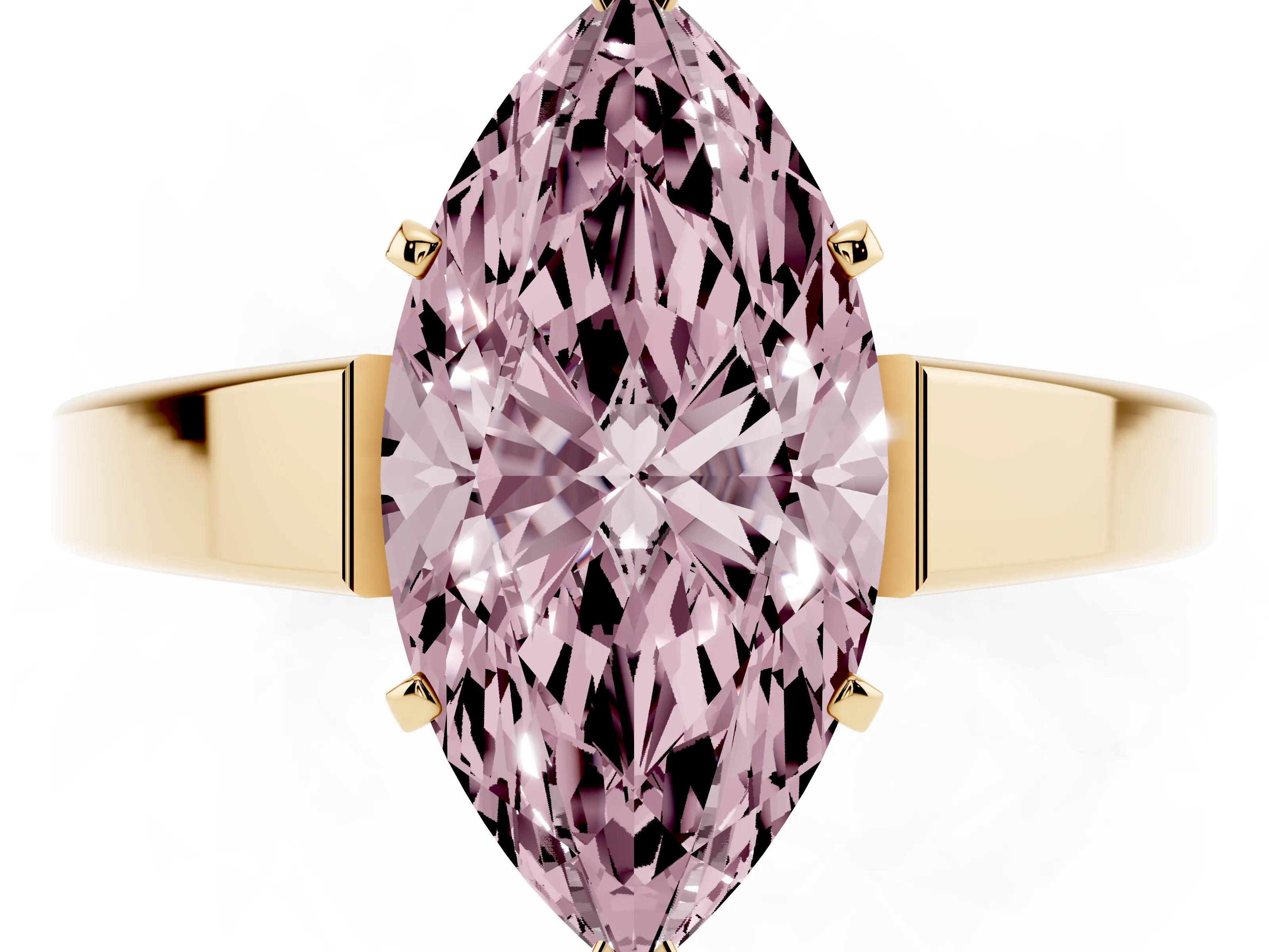 Fancy Pink Marquise Cut Diamond Solitaire Engagement Ring Set in Yellow gold with Prong Setting and Tapered Band