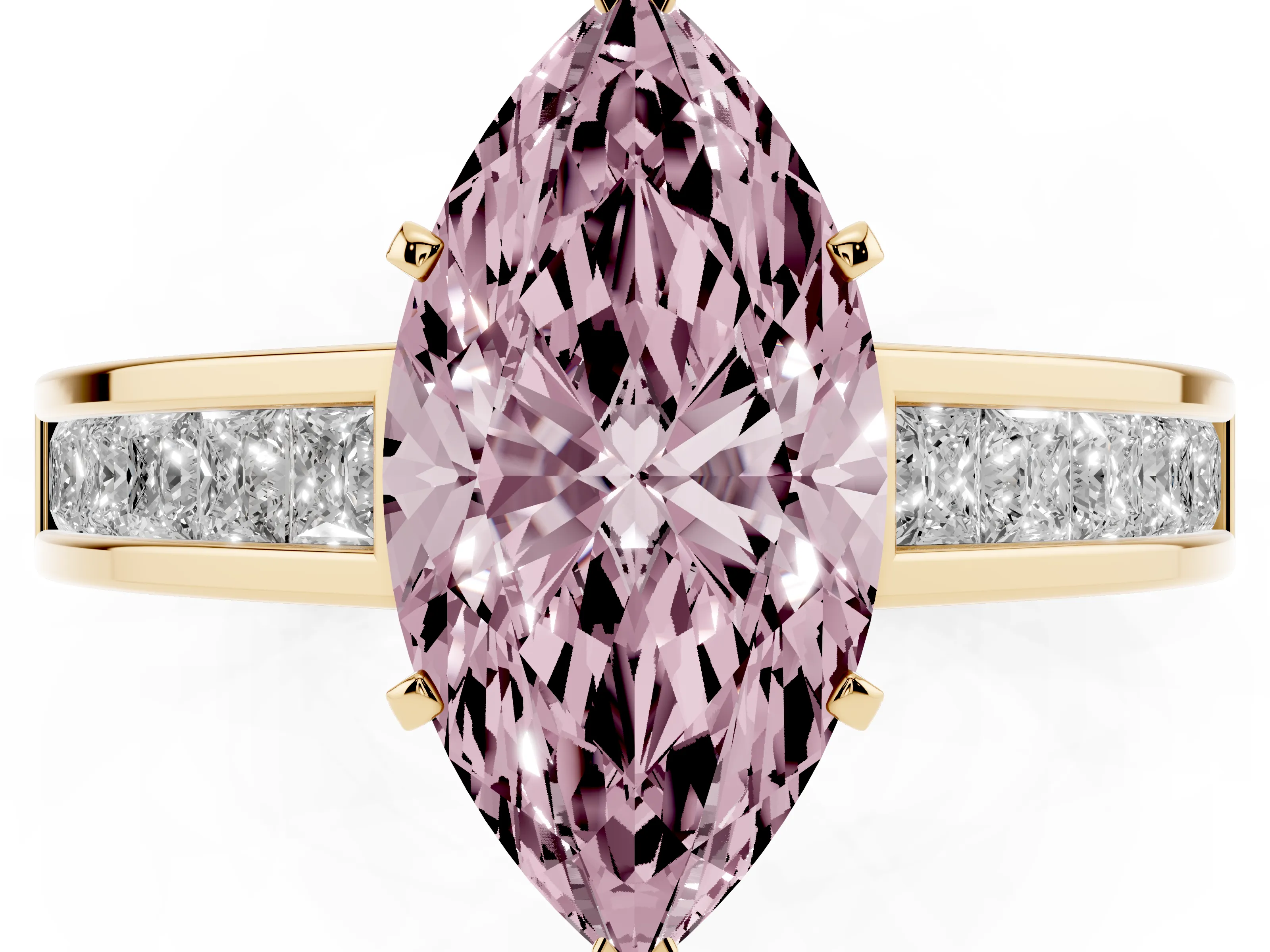 Fancy Pink Marquise Cut Diamond Solitaire Ring Set in Yellow gold with Channel-Set Band and Prong Setting