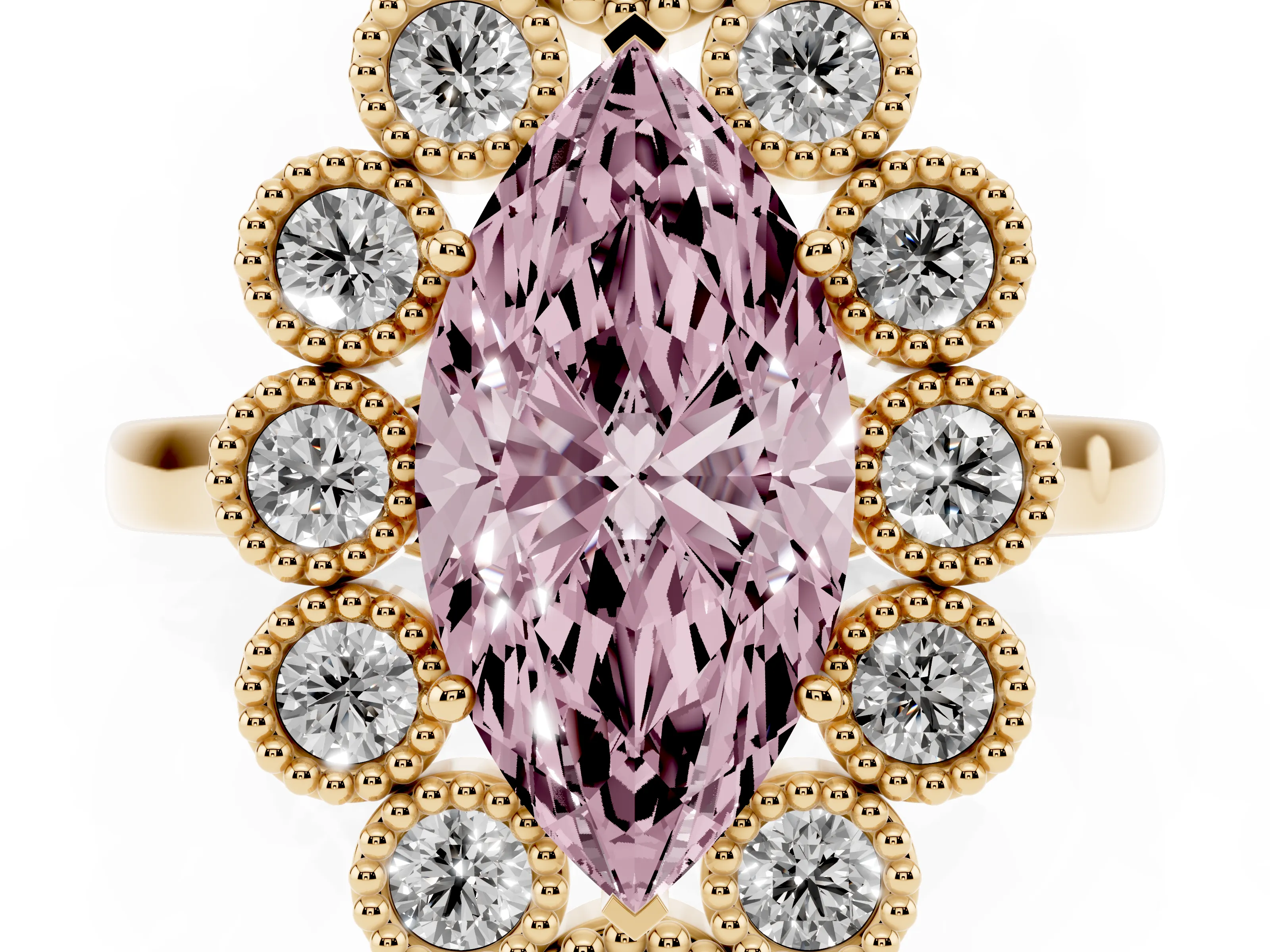 Fancy Pink Marquise Cut Diamond Cluster Halo Ring Set in Yellow gold with Milgrain Bezel Accents and Plain Band