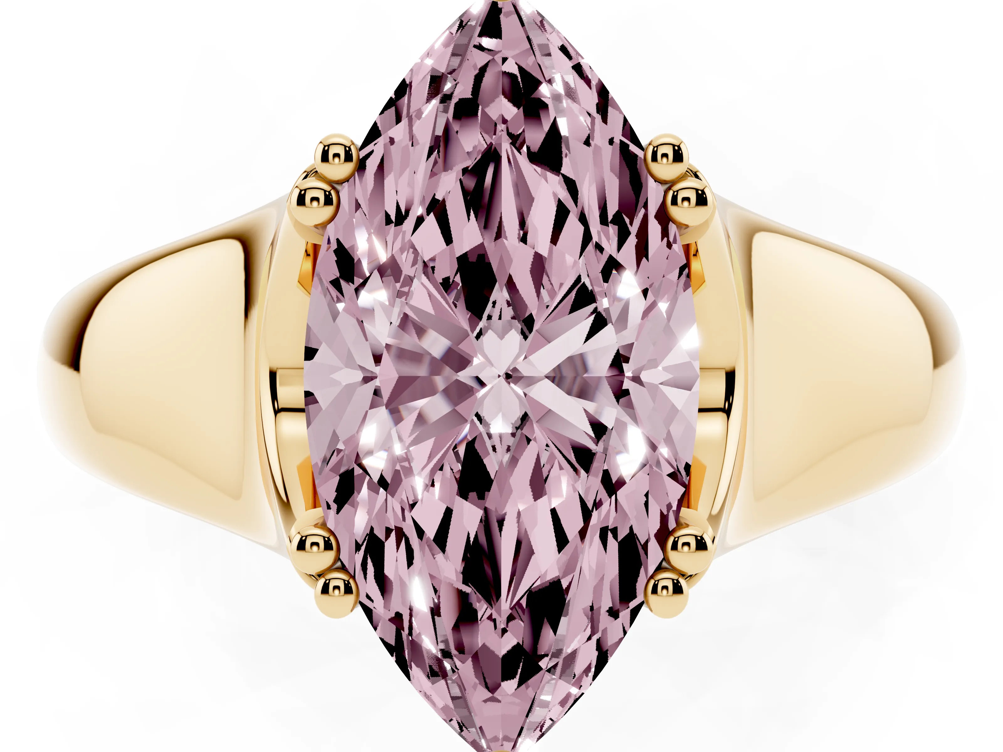 Fancy Pink Marquise Cut Diamond Solitaire Ring Set in Yellow gold with Wide Band and Prong Setting