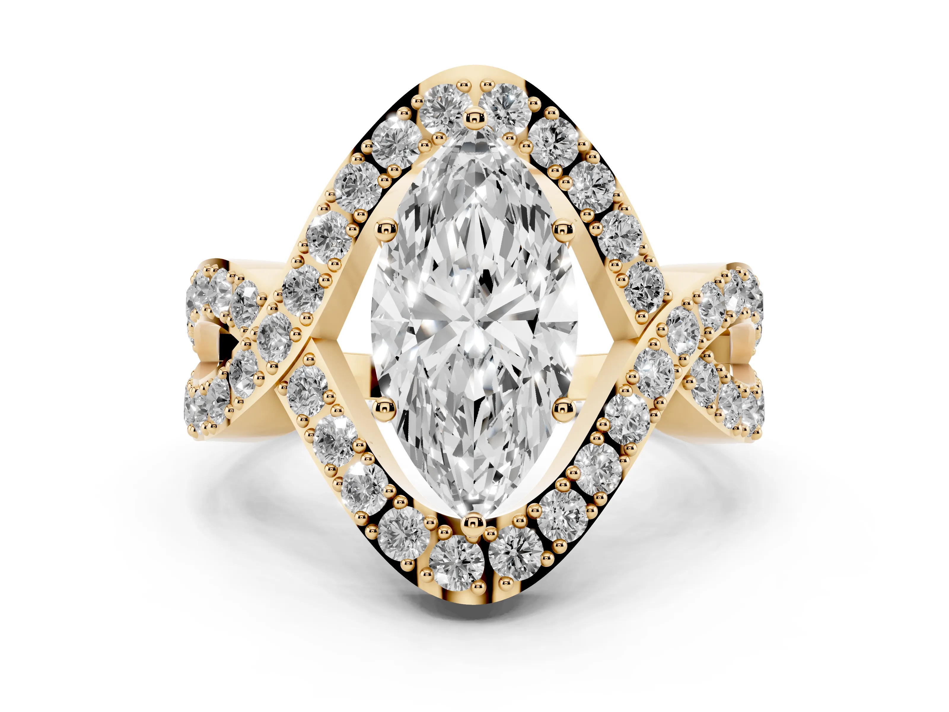 Marquise Cut Diamond Solitaire Twist Band Pavé Engagement Ring Set in Yellow gold