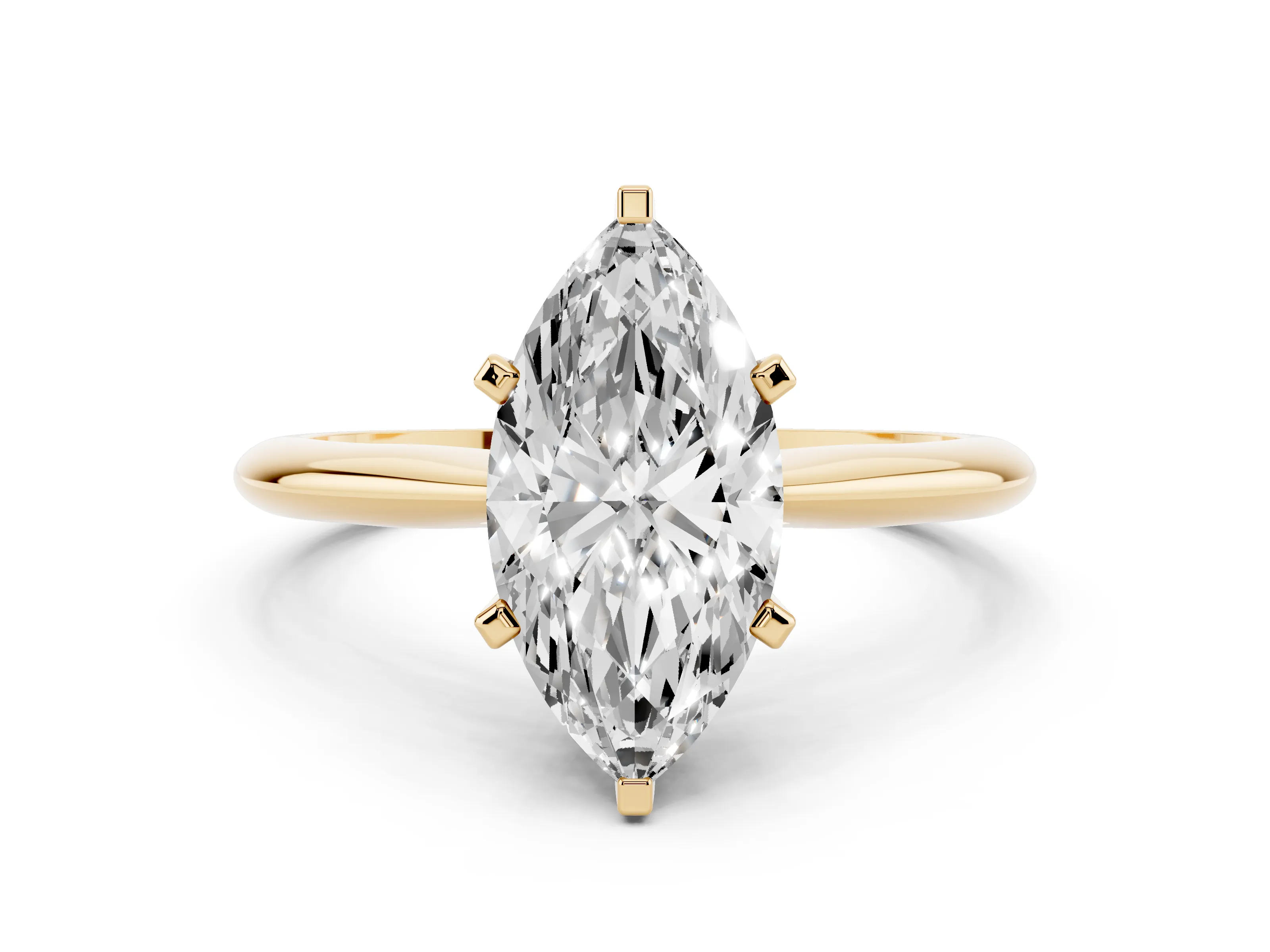 Marquise Cut Diamond Solitaire Ring Set in Yellow gold with Prong Setting on a Plain Round Band