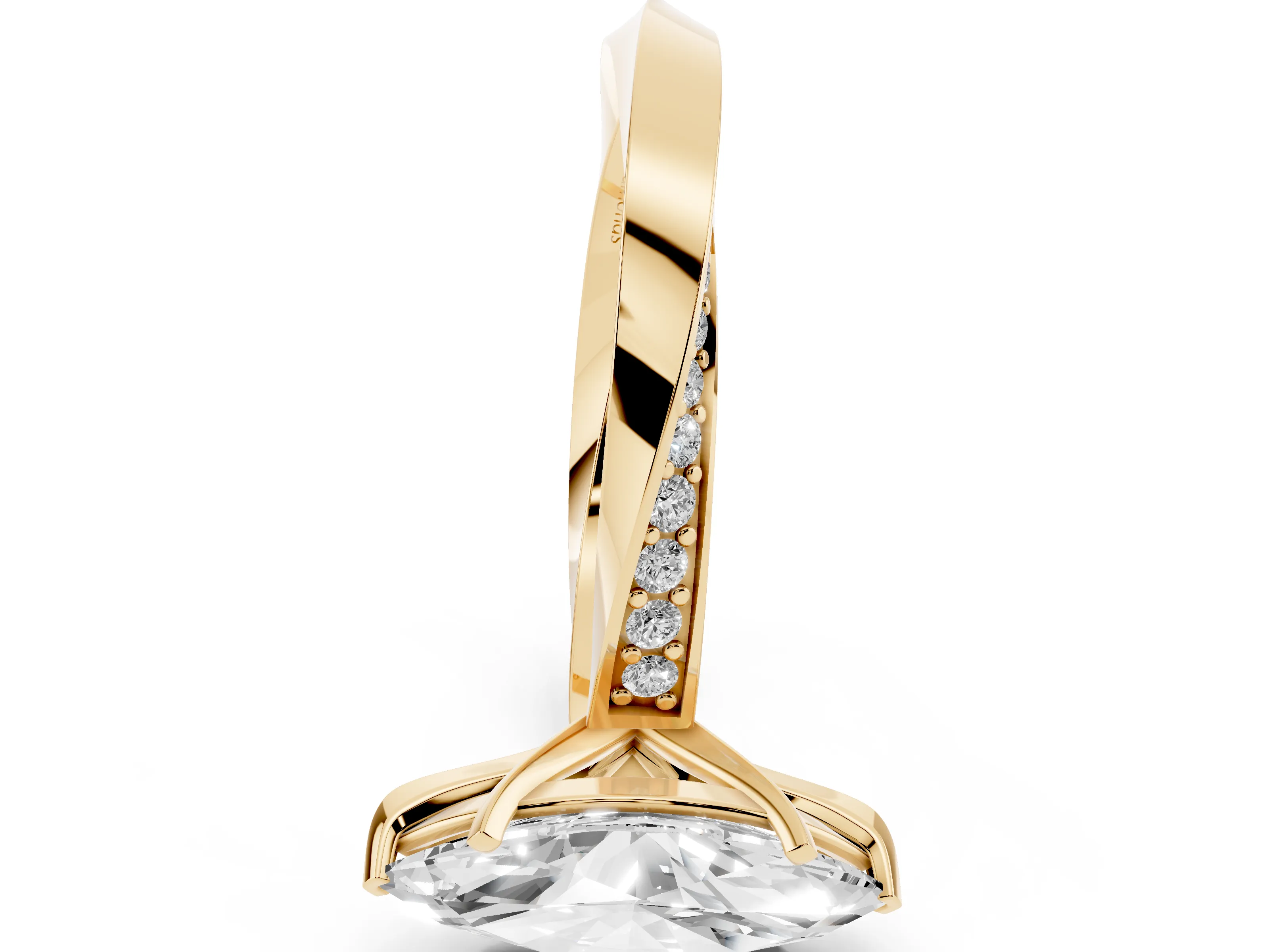 Marquise Cut Diamond Engagement Ring Set in Yellow gold with Side Stone Accents and Prong Setting