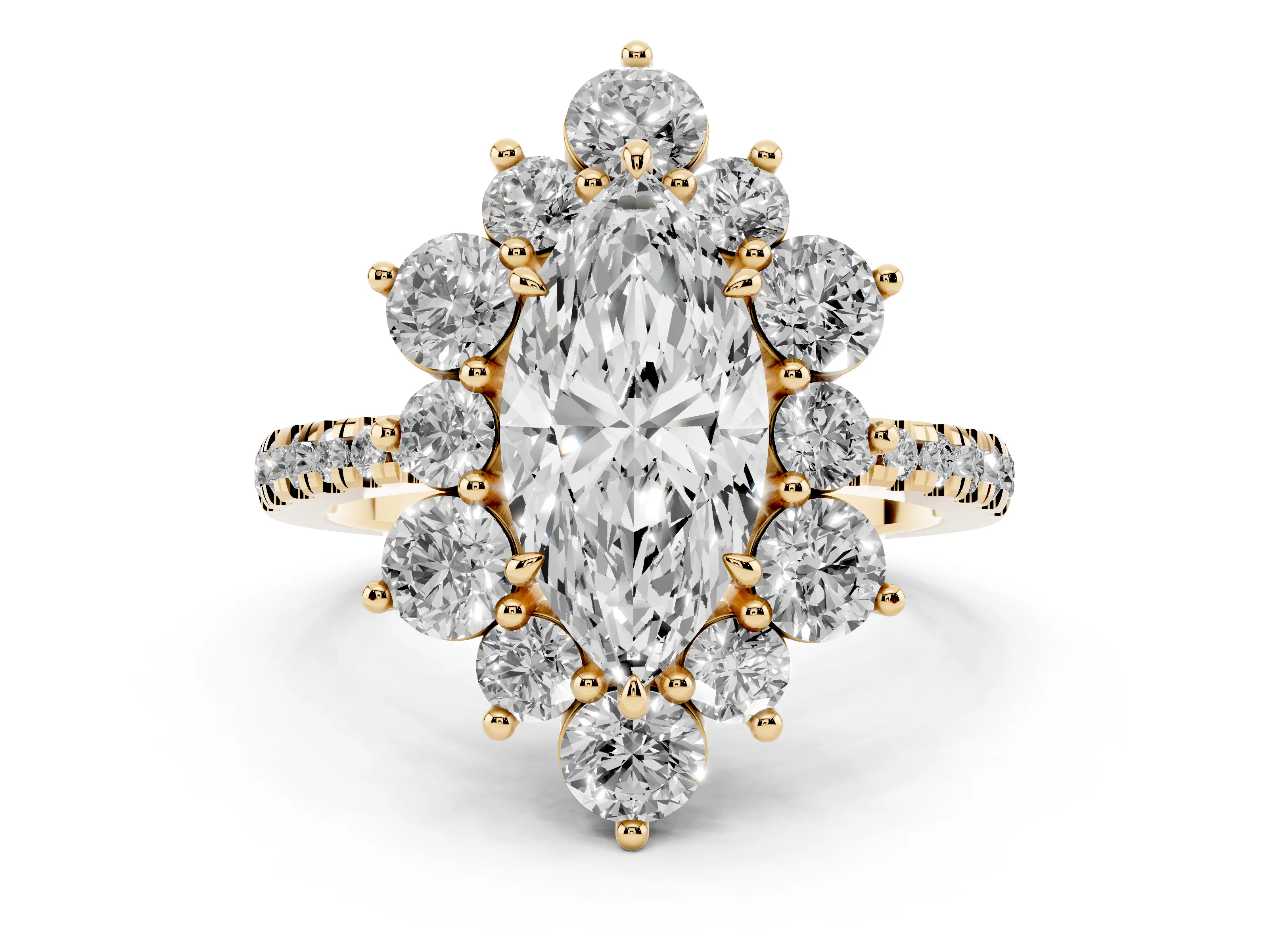 Marquise Cut Diamond Floral Halo Ring Set in Yellow gold with Round Pavé Band and Prong Setting