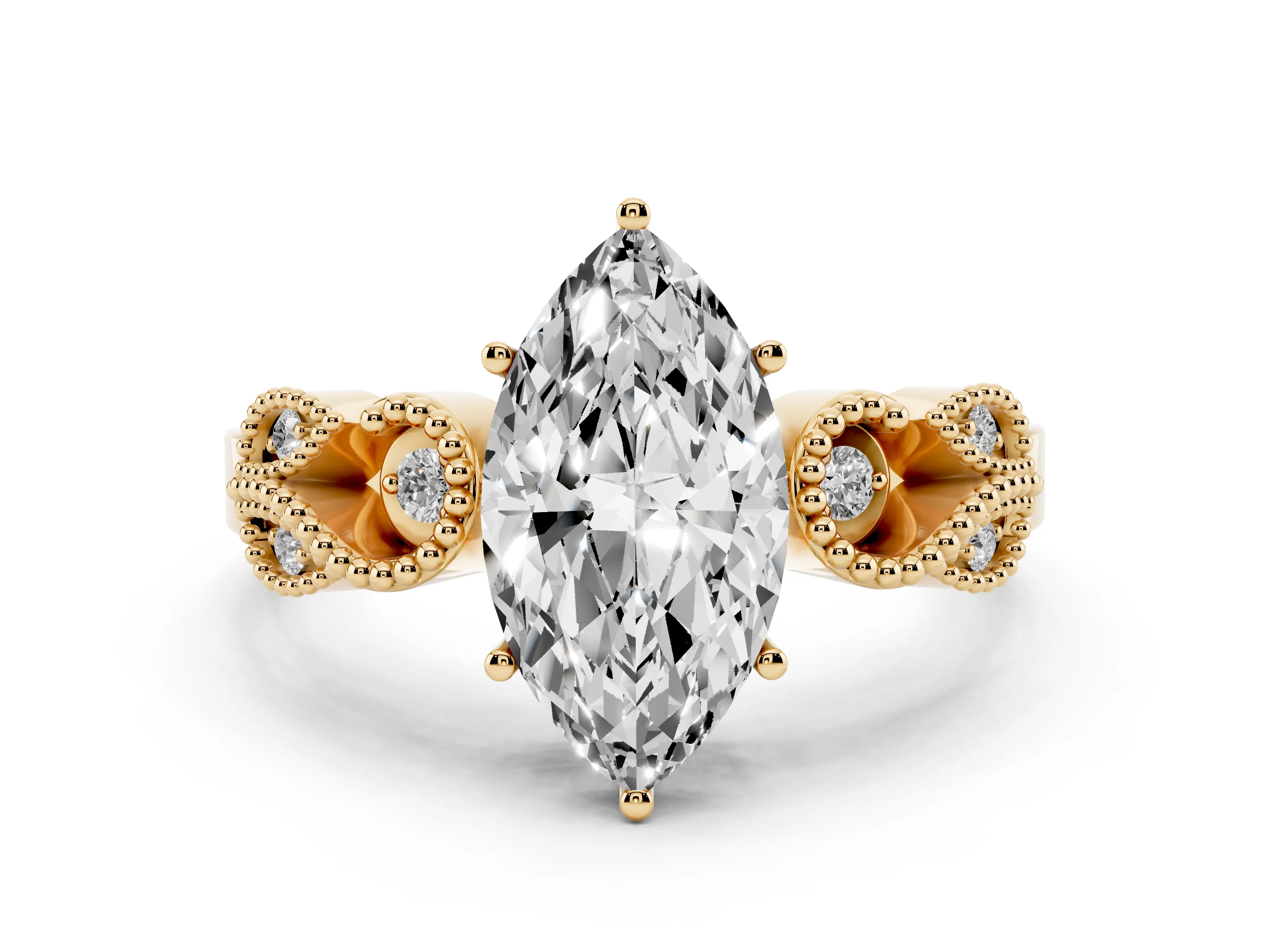Marquise Cut Diamond Milgrain Leaf Band Solitaire Ring Set in Yellow gold with Accent Stones and Prong Setting