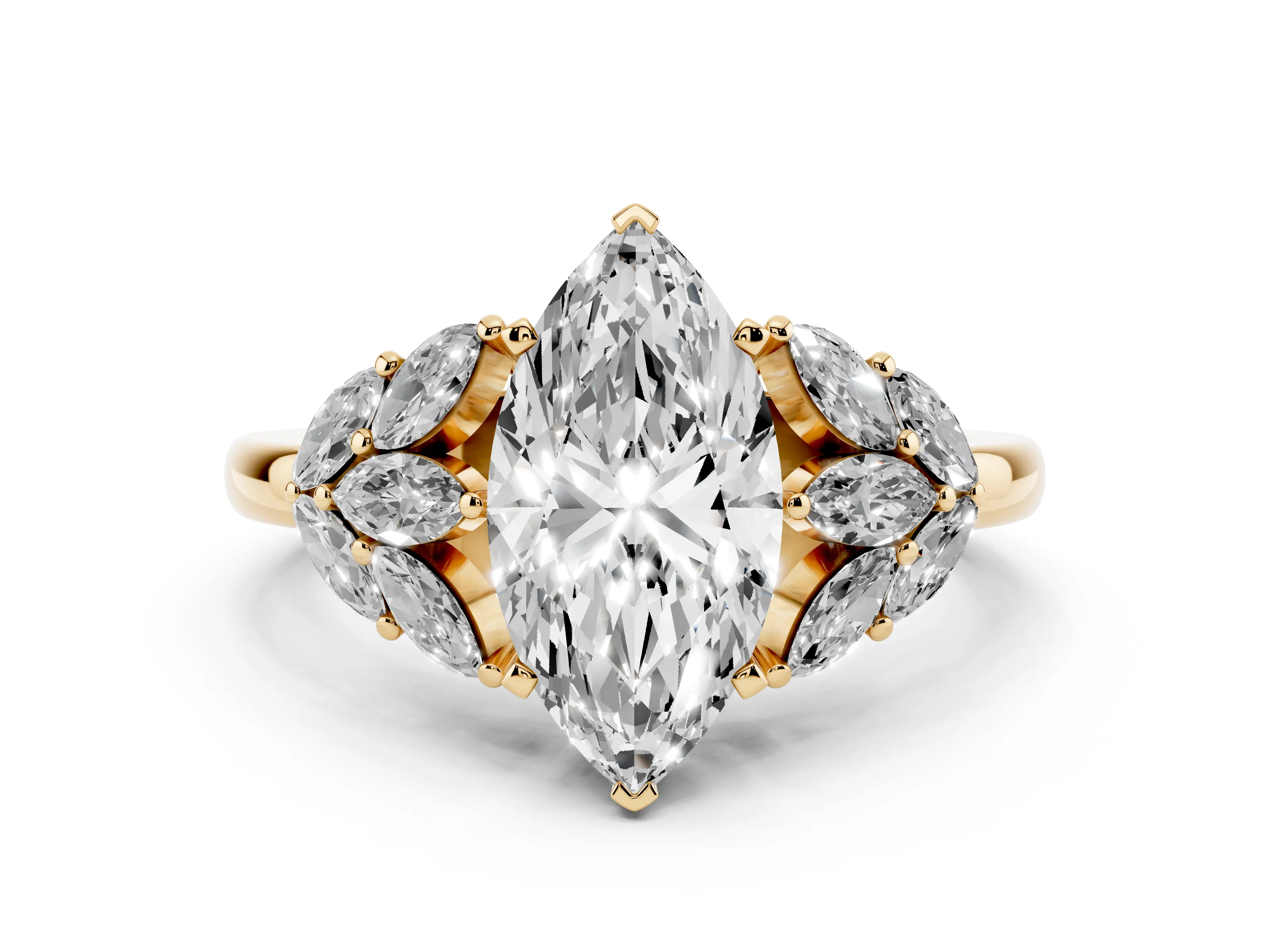 Marquise Cut Diamond Cluster Leaf Design Ring Set in Yellow gold with Prong Setting