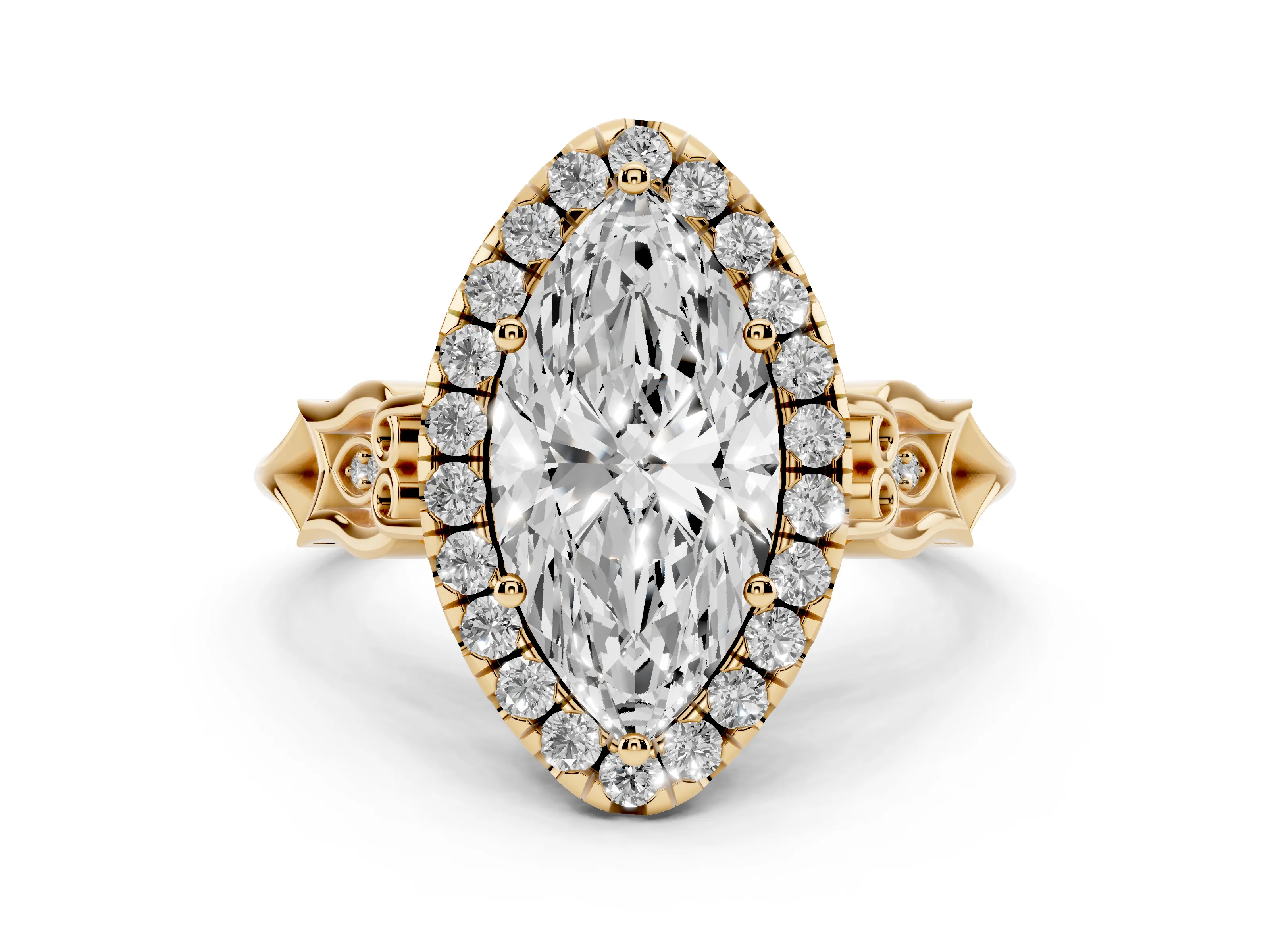 Marquise Cut Diamond Halo Engagement Ring Set in Yellow gold with Filigree Band and Prong-Set Center