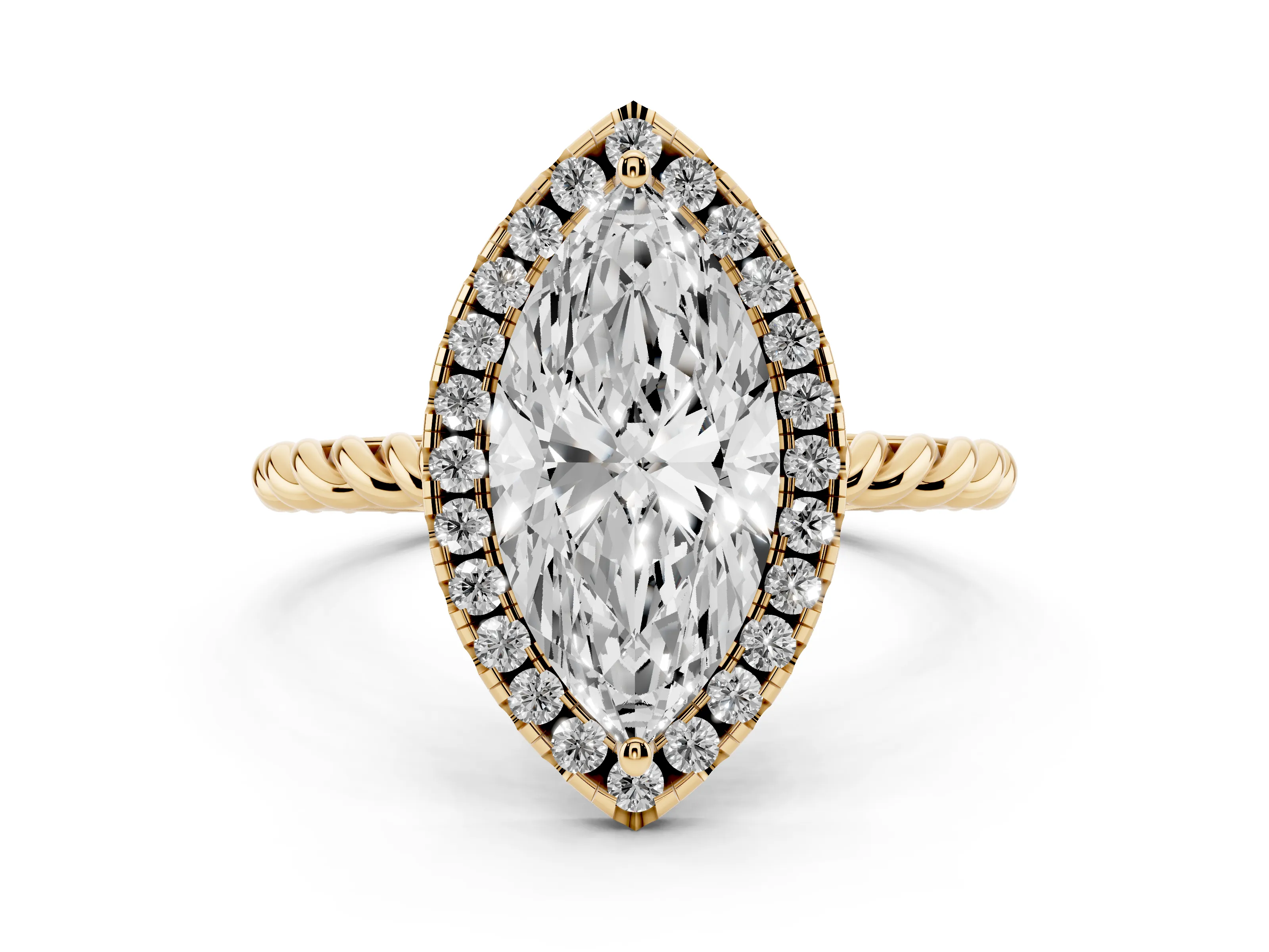Marquise Cut Diamond Halo Ring Set in Yellow gold with Plain Twisted Band