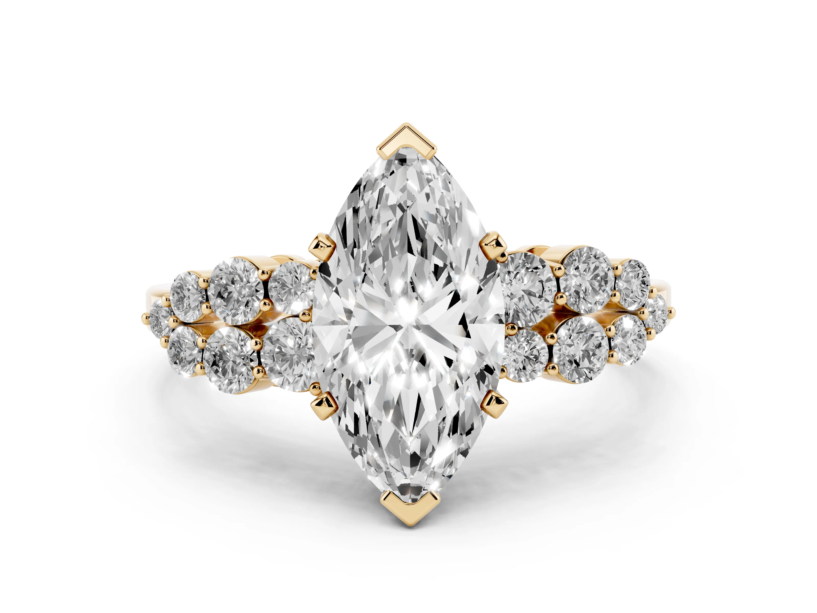 Marquise Cut Diamond Cluster Engagement Ring Set in Yellow gold with Pavé Band and Prong Setting