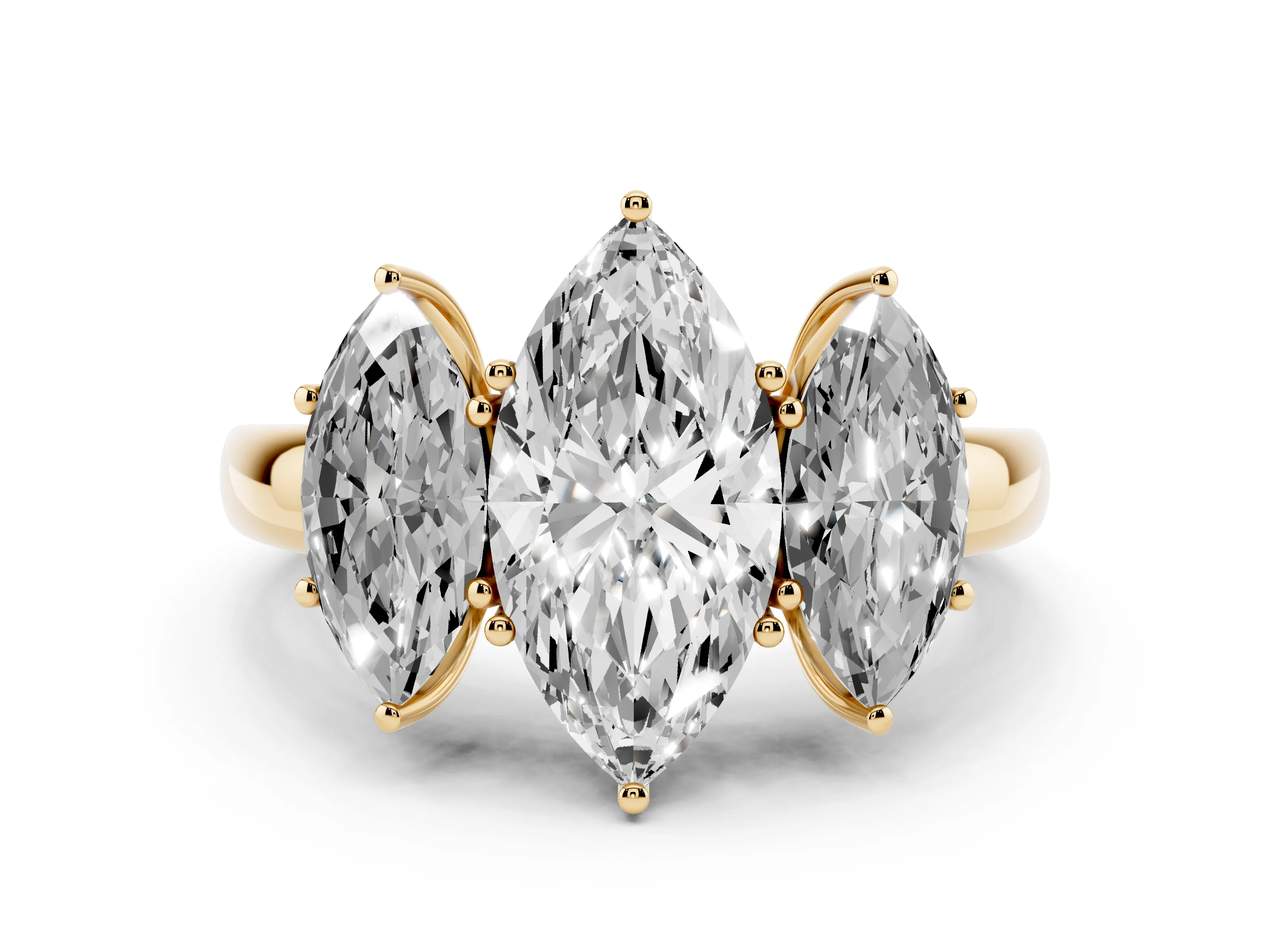 Marquise Cut Diamond Three-Stone Ring Set in Yellow gold with Bold Center and Classic Band
