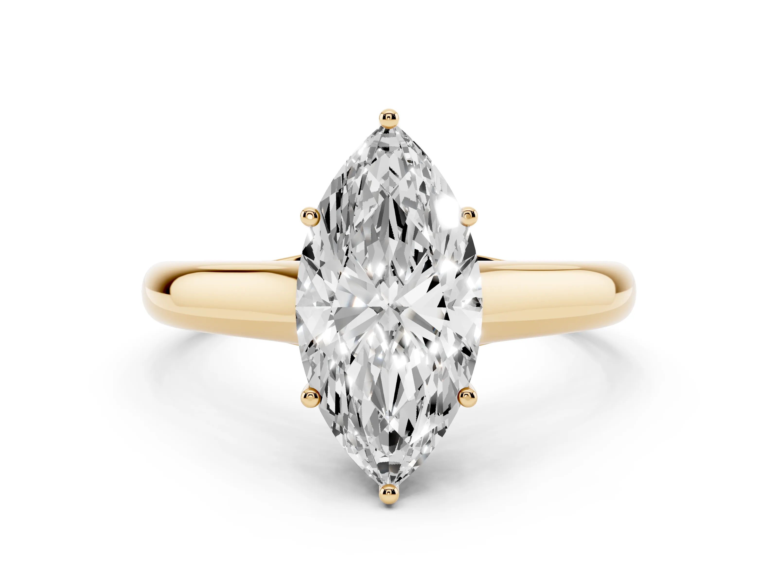 Marquise Cut Diamond Solitaire Engagement Ring Set in Yellow gold with Subtly Tapered Band and Prong Setting