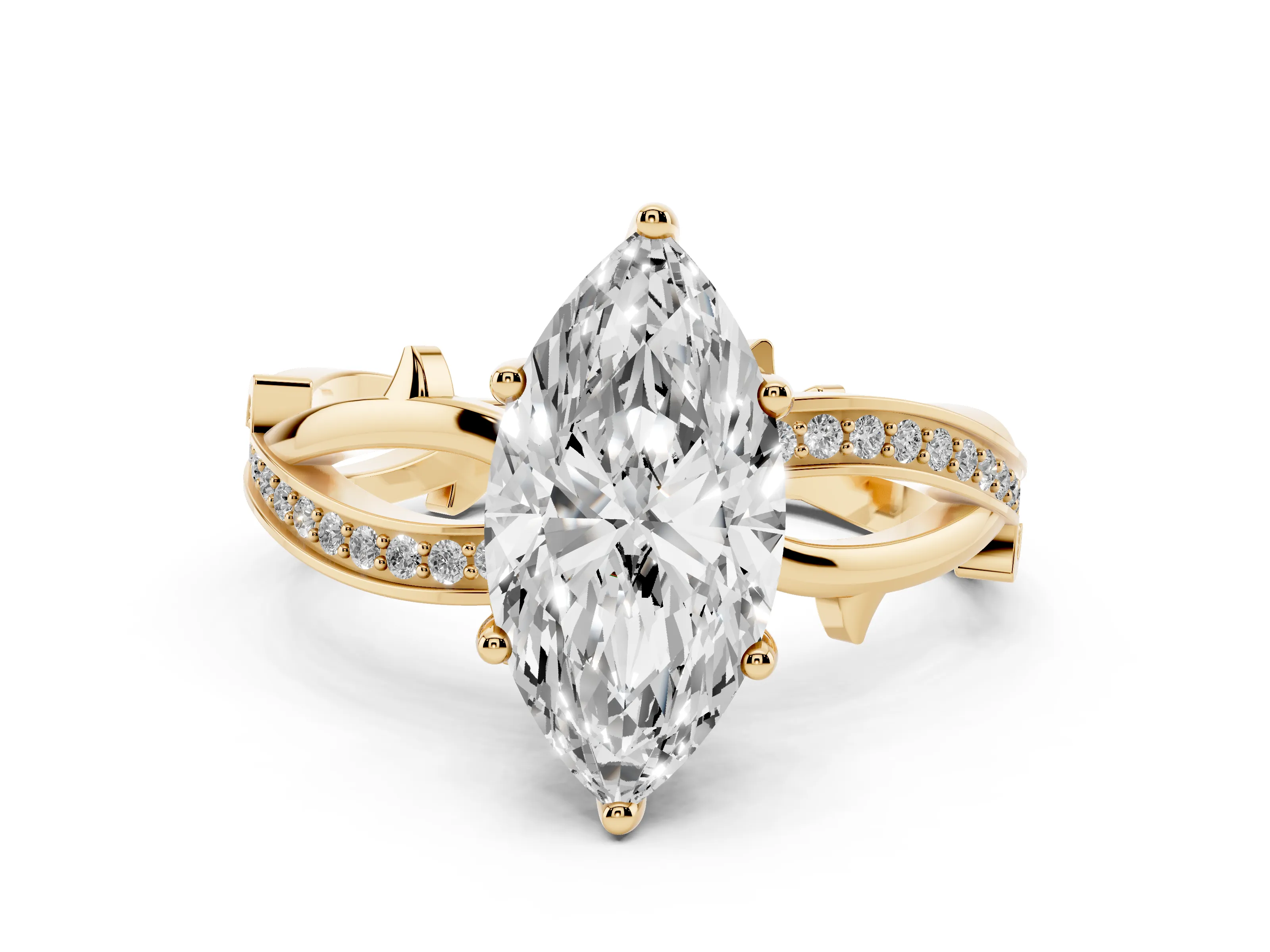 Marquise Cut Diamond Pavé Twist Band Solitaire Ring Set in Yellow gold with Prong Setting