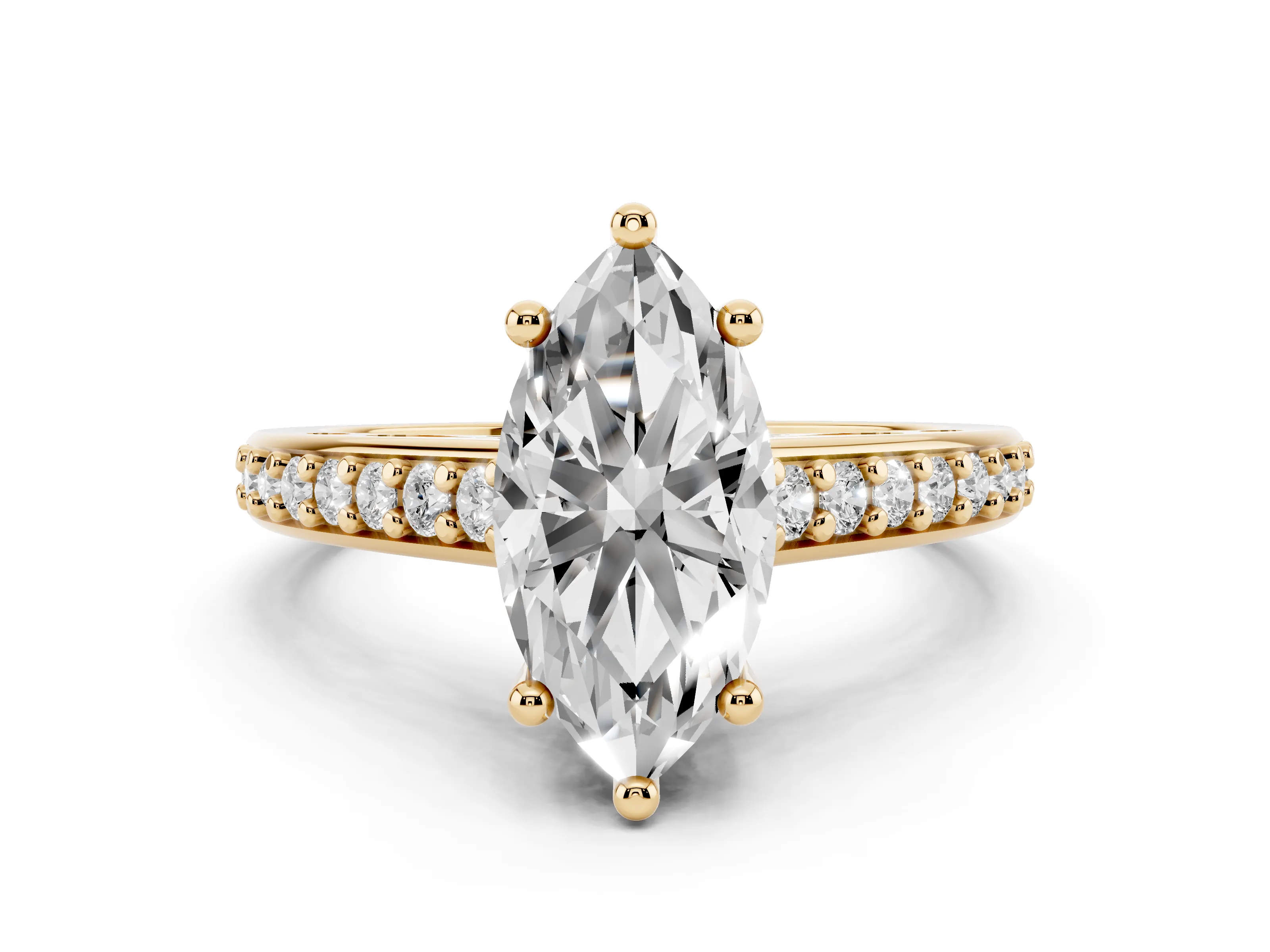 Marquise Cut Diamond Prong Set Solitaire Engagement Ring Set in Yellow gold with Pavé Band