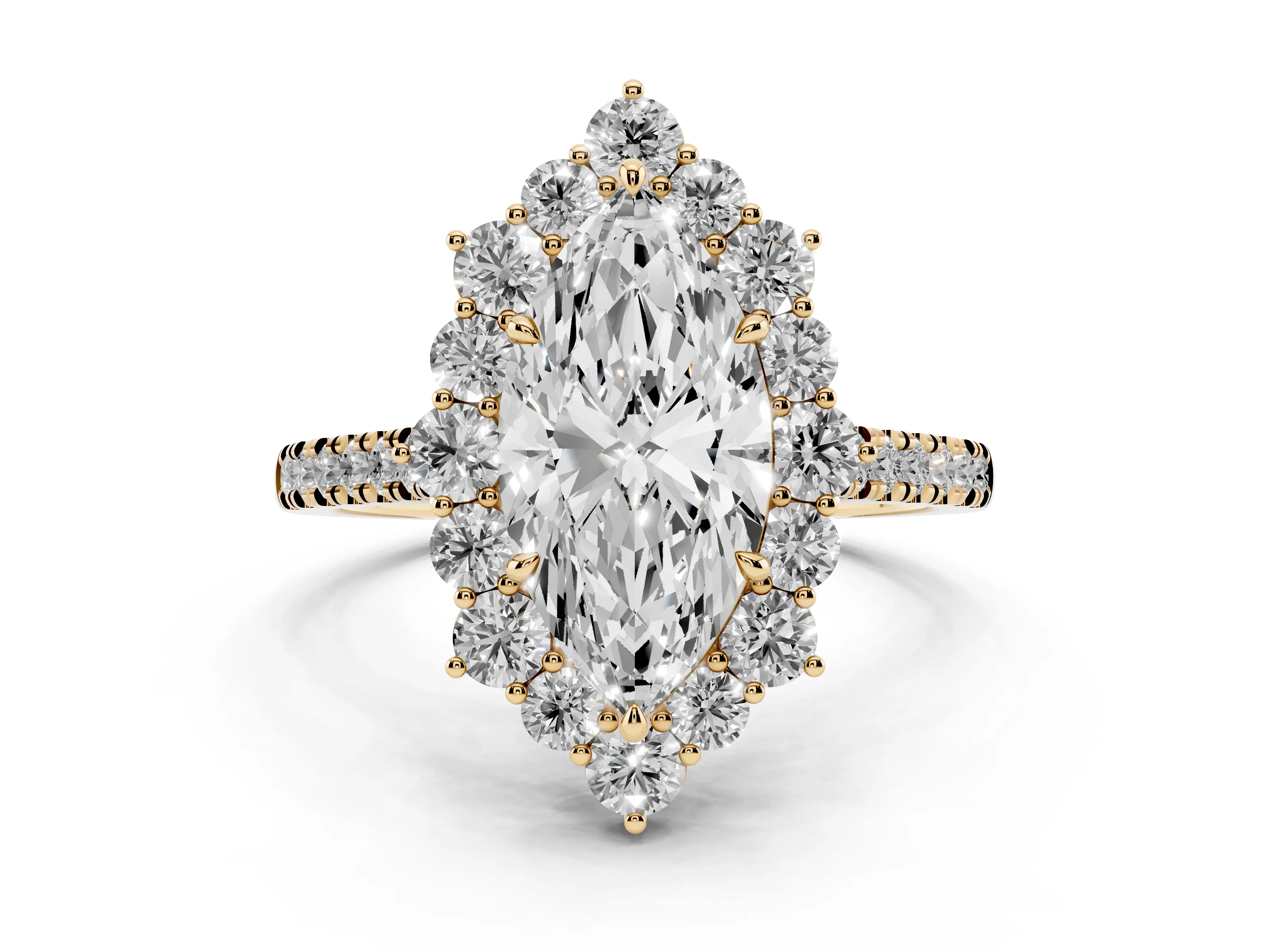 Marquise Cut Diamond Halo Ring Set in Yellow gold with Pavé Band and Prong Setting