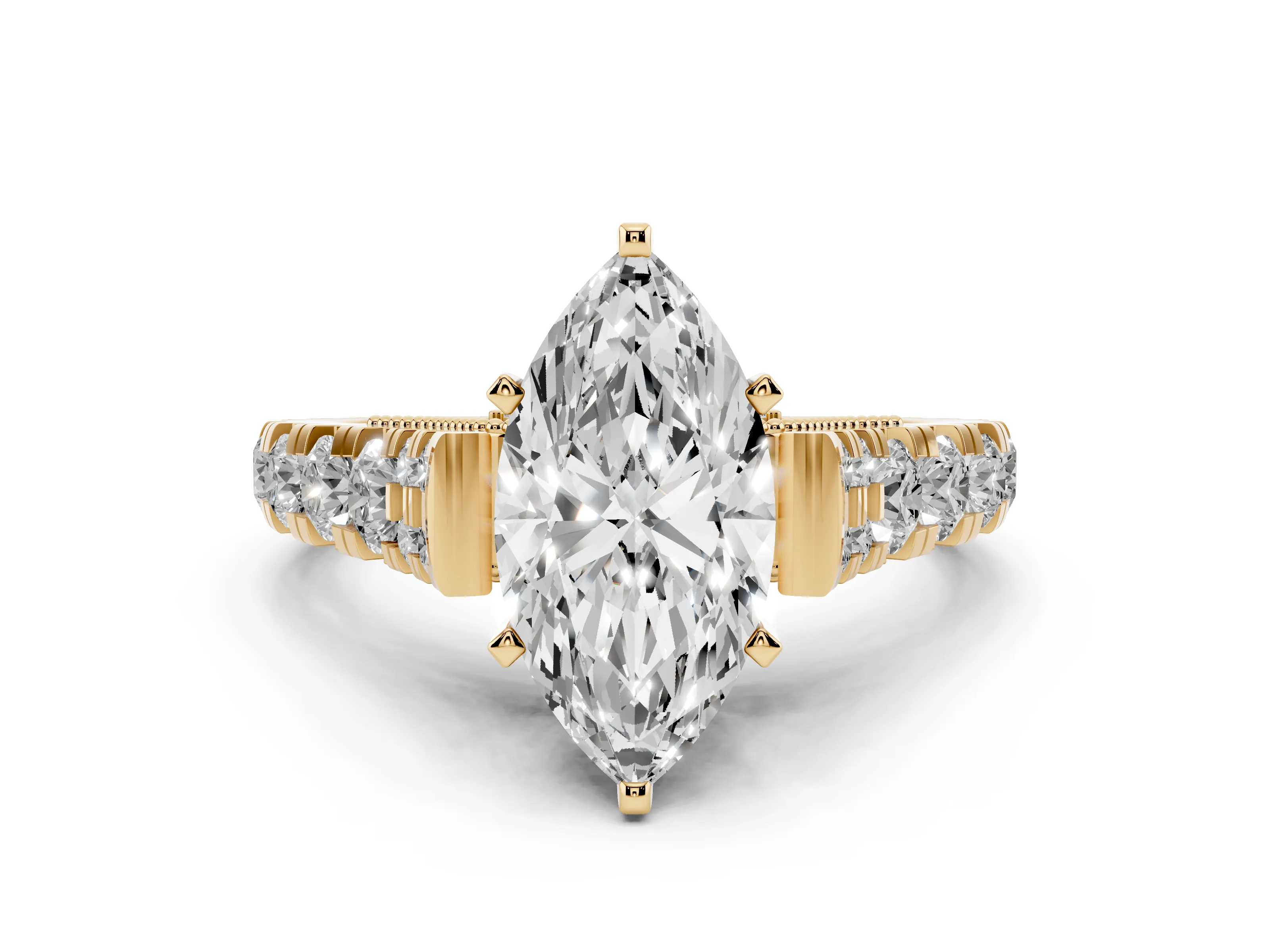 Marquise Cut Diamond Classic Solitaire Ring Set in Yellow gold with Pavé Band and Prong Setting