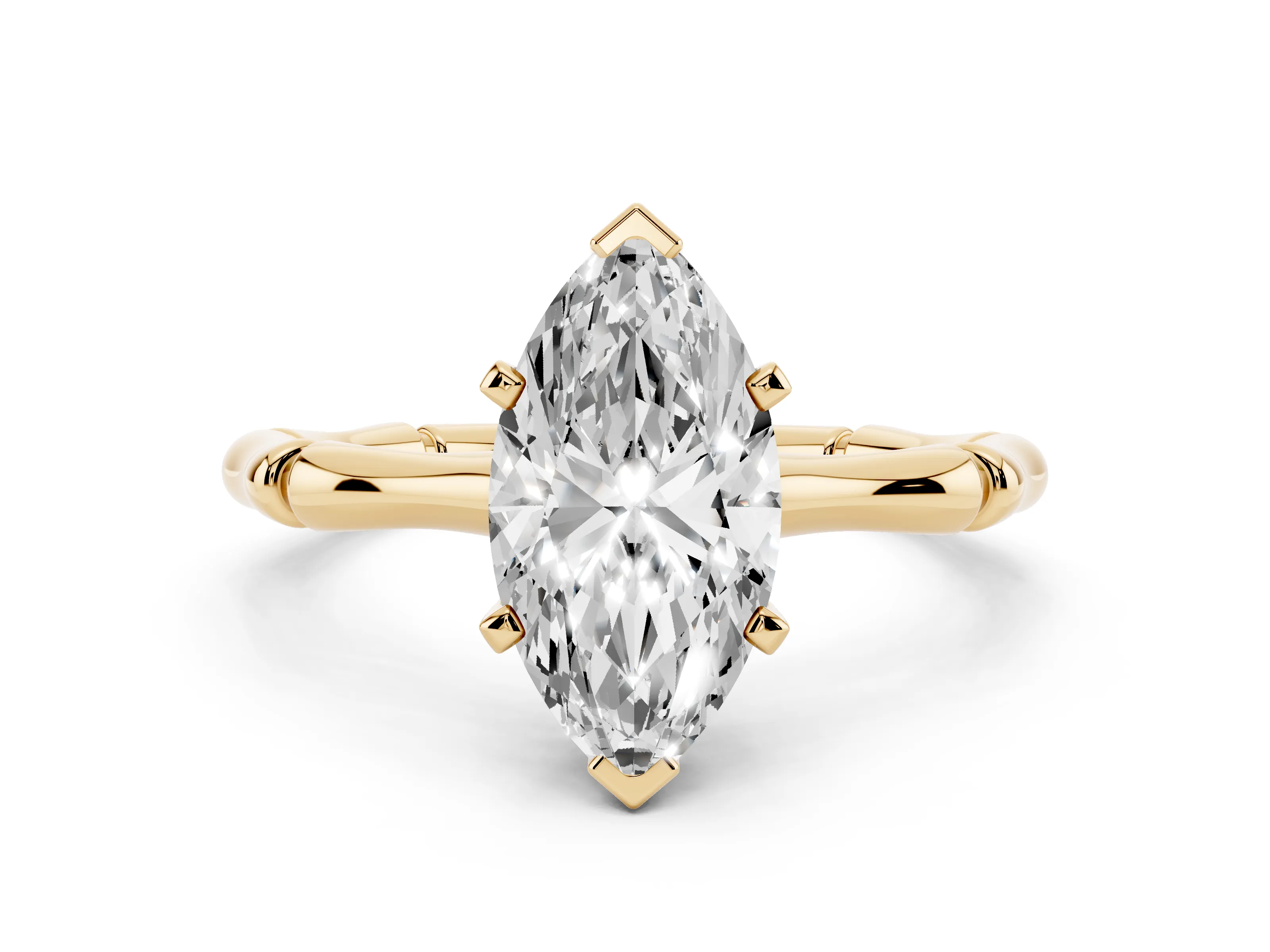 Marquise Cut Diamond Solitaire Ring Set in Yellow gold with Bamboo Band and Prong Setting