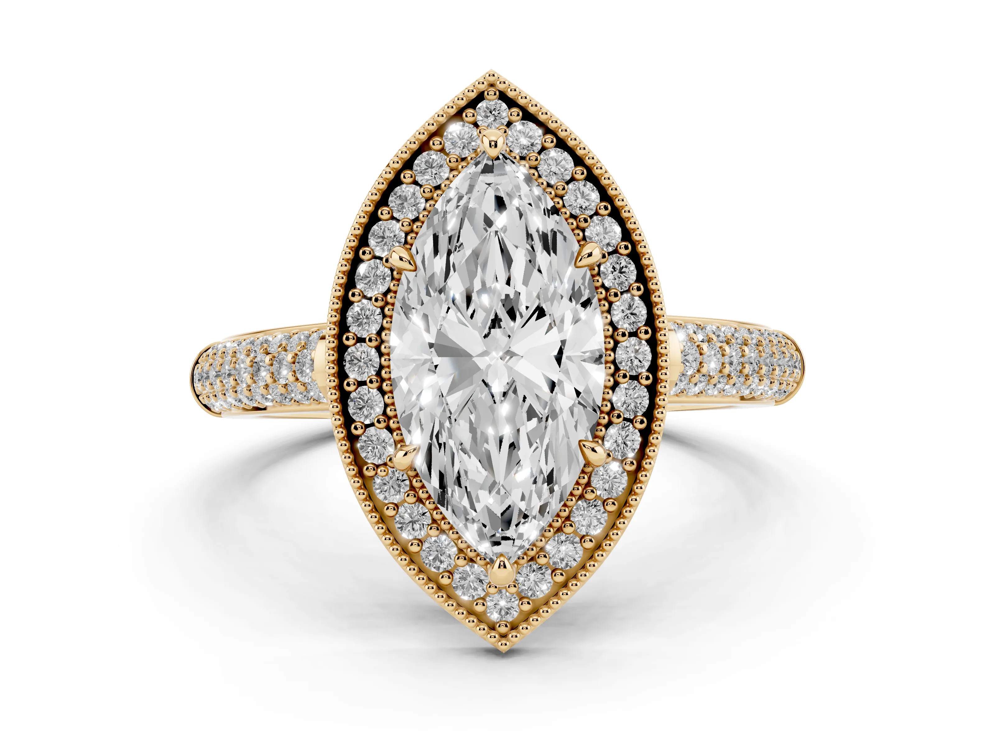 Marquise Cut Diamond Halo Pavé Band Set in Yellow gold with Prong Setting