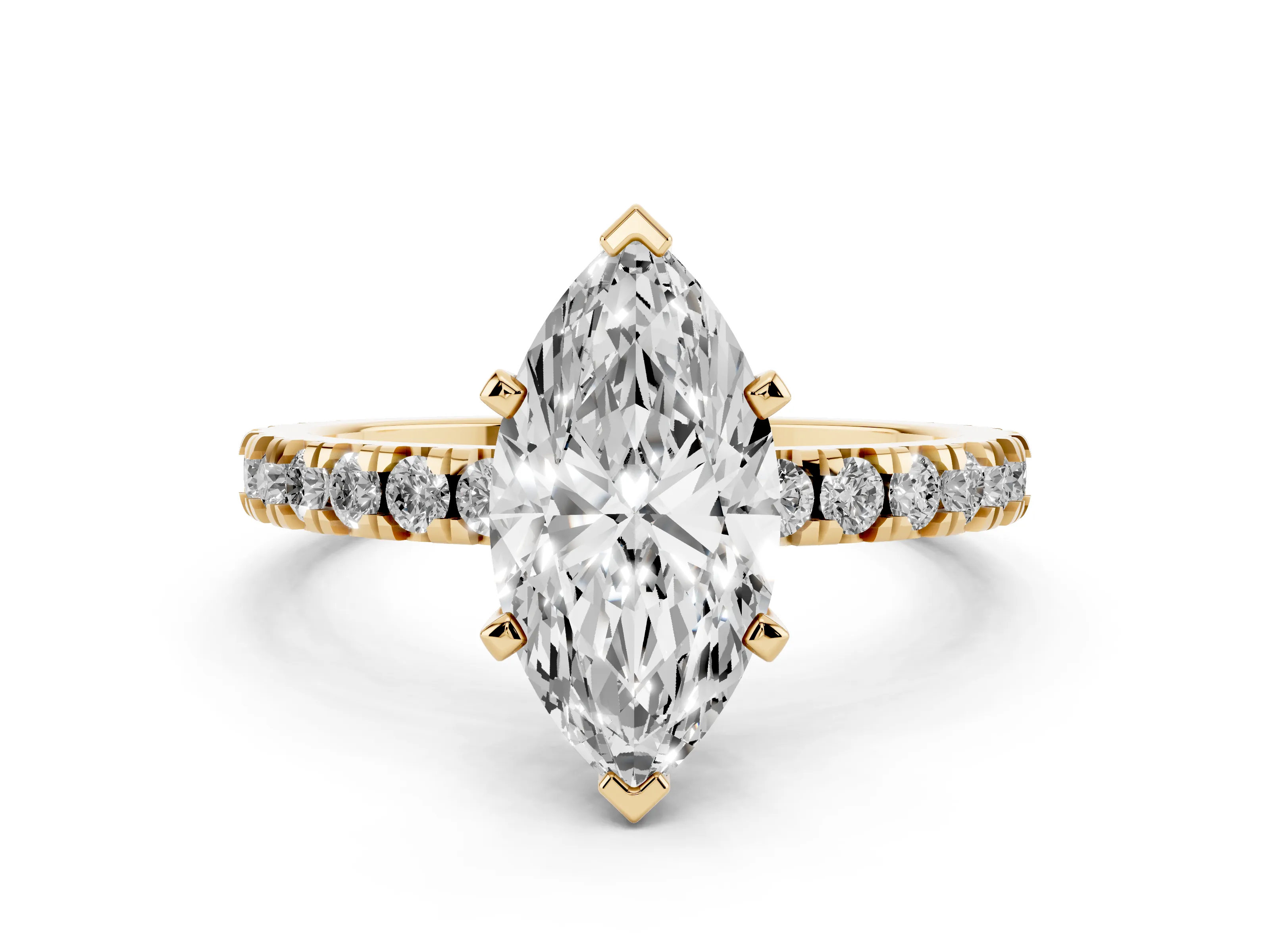 Marquise Cut Diamond Pavé Band Solitaire Set in Yellow gold with Prong Setting