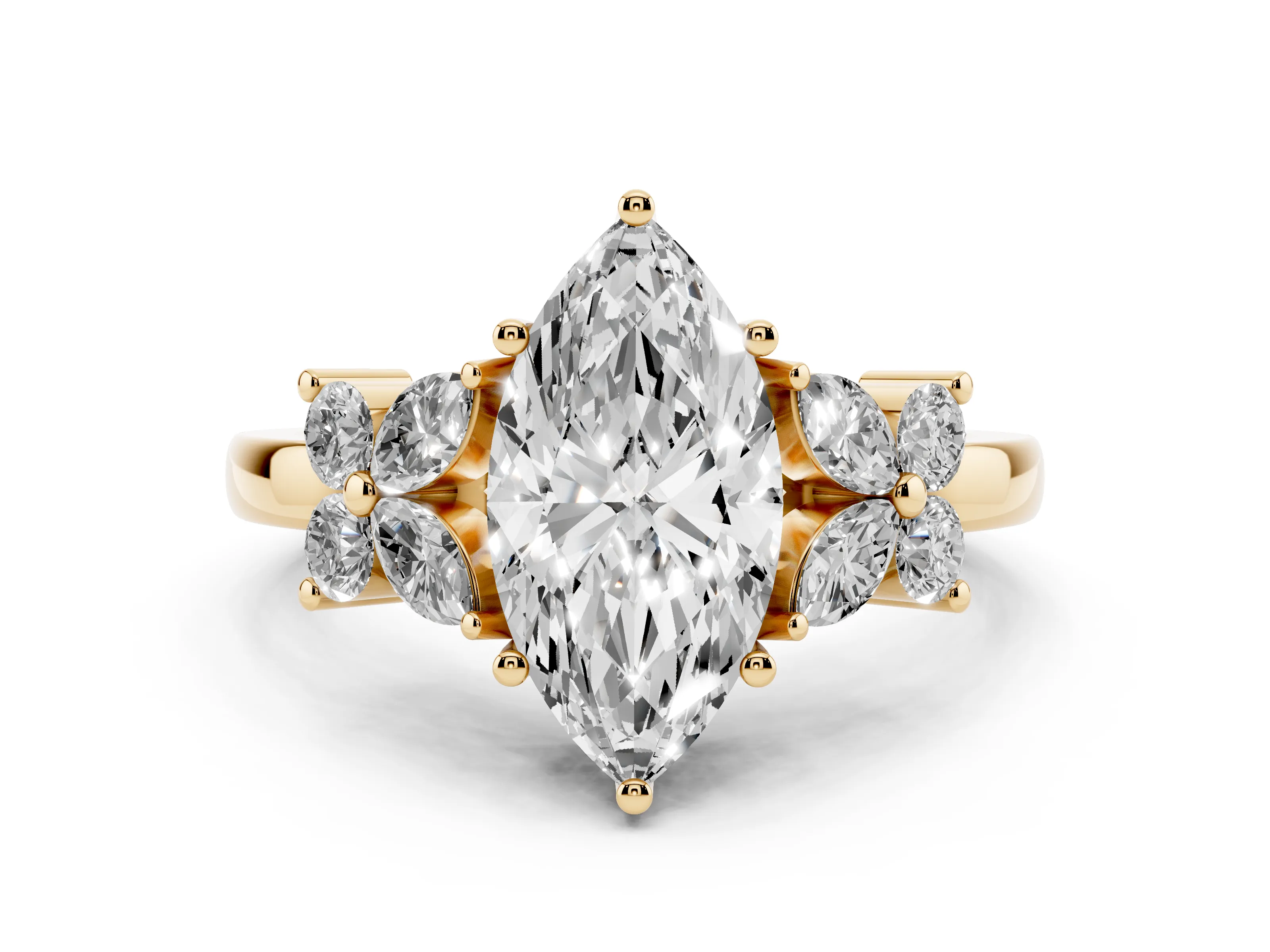 Marquise Cut Diamond Floral Cluster Ring Set in Yellow gold with Marquise Petals and Prong Setting