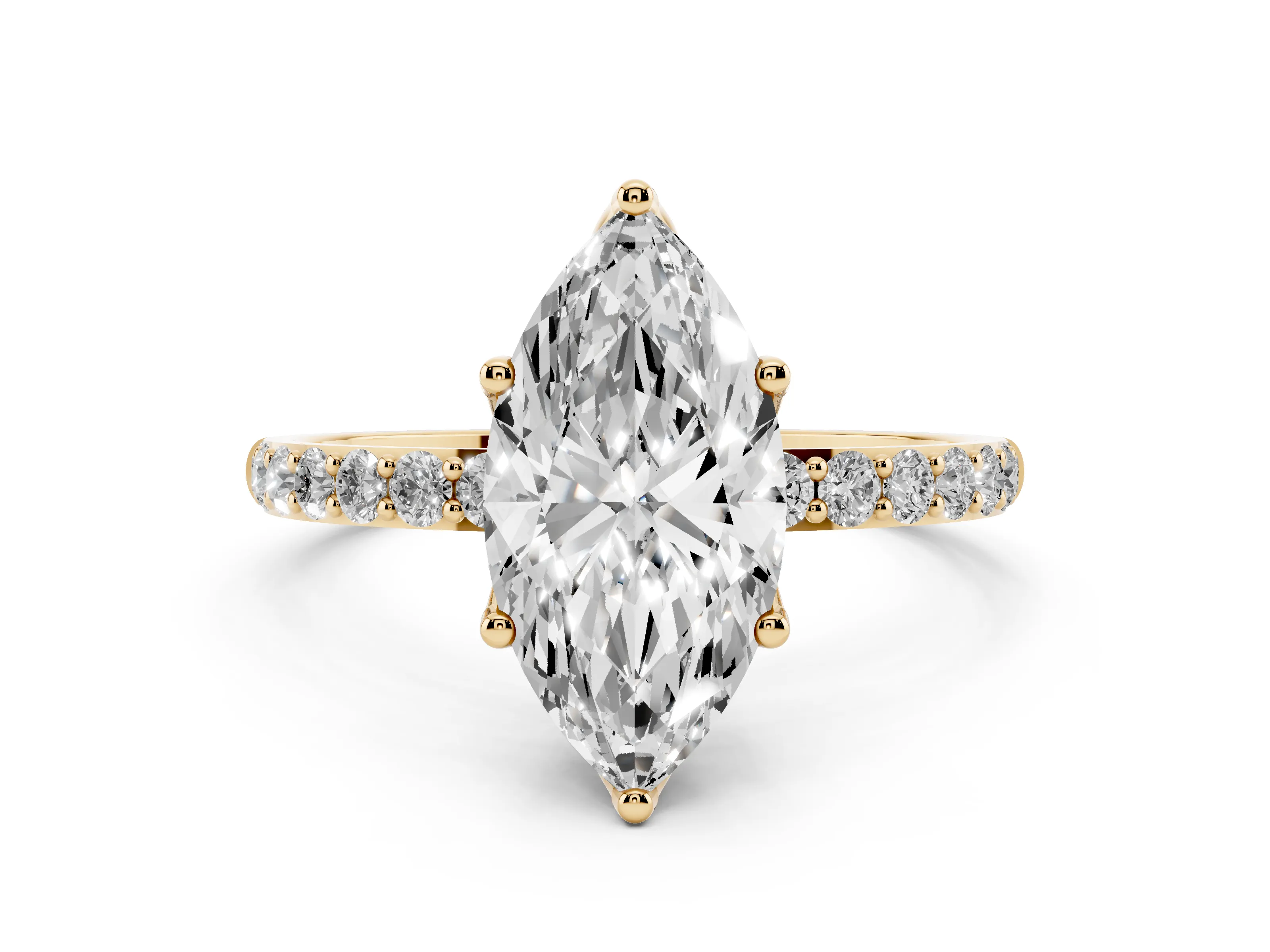 Marquise Cut Diamond Solitaire Engagement Ring Set in Yellow gold with Round Pavé Band and Prong Setting