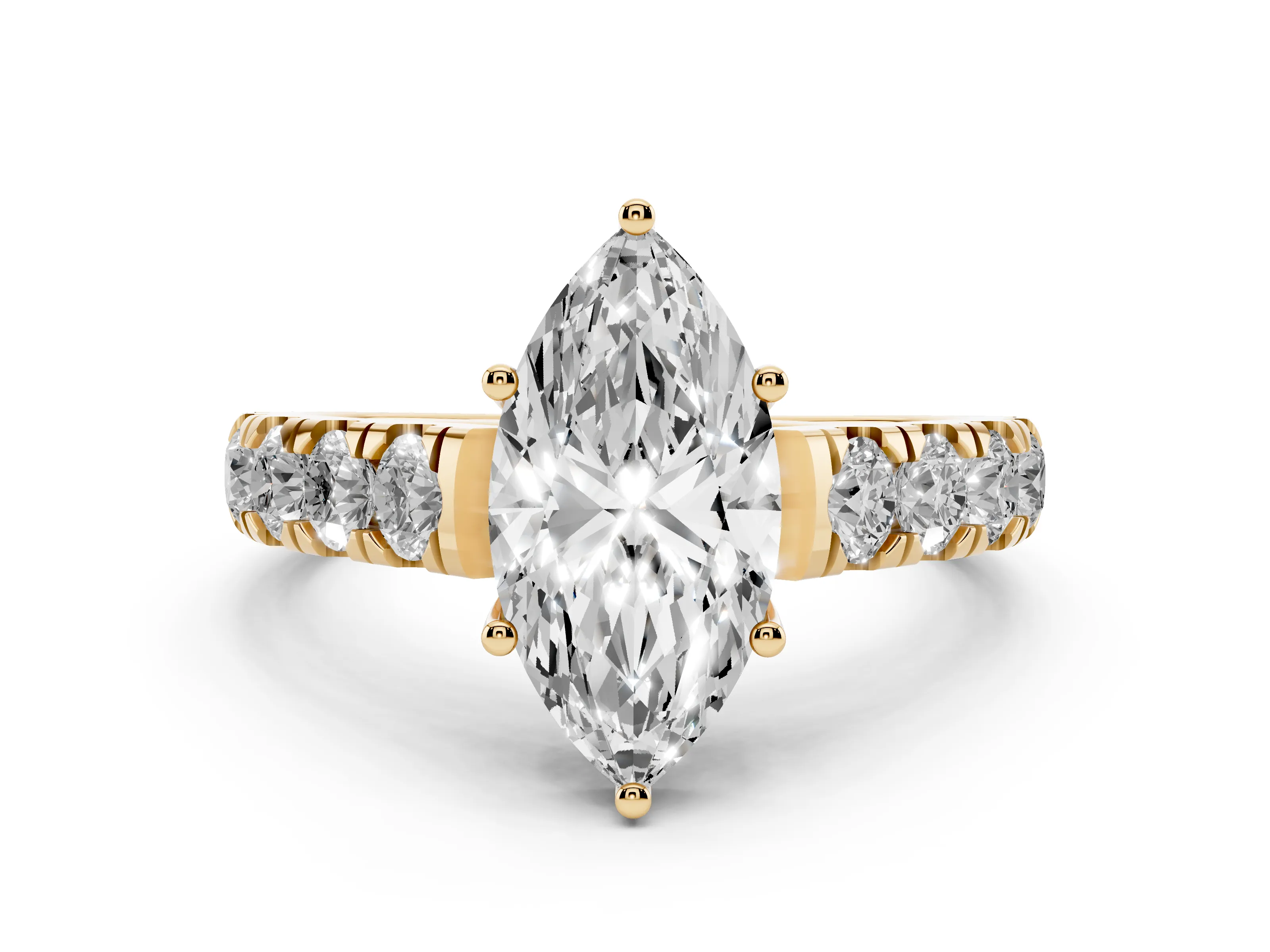 Marquise Cut Diamond Solitaire Ring Set in Yellow gold with Cut-Down Micro Pavé Band and Prong Setting