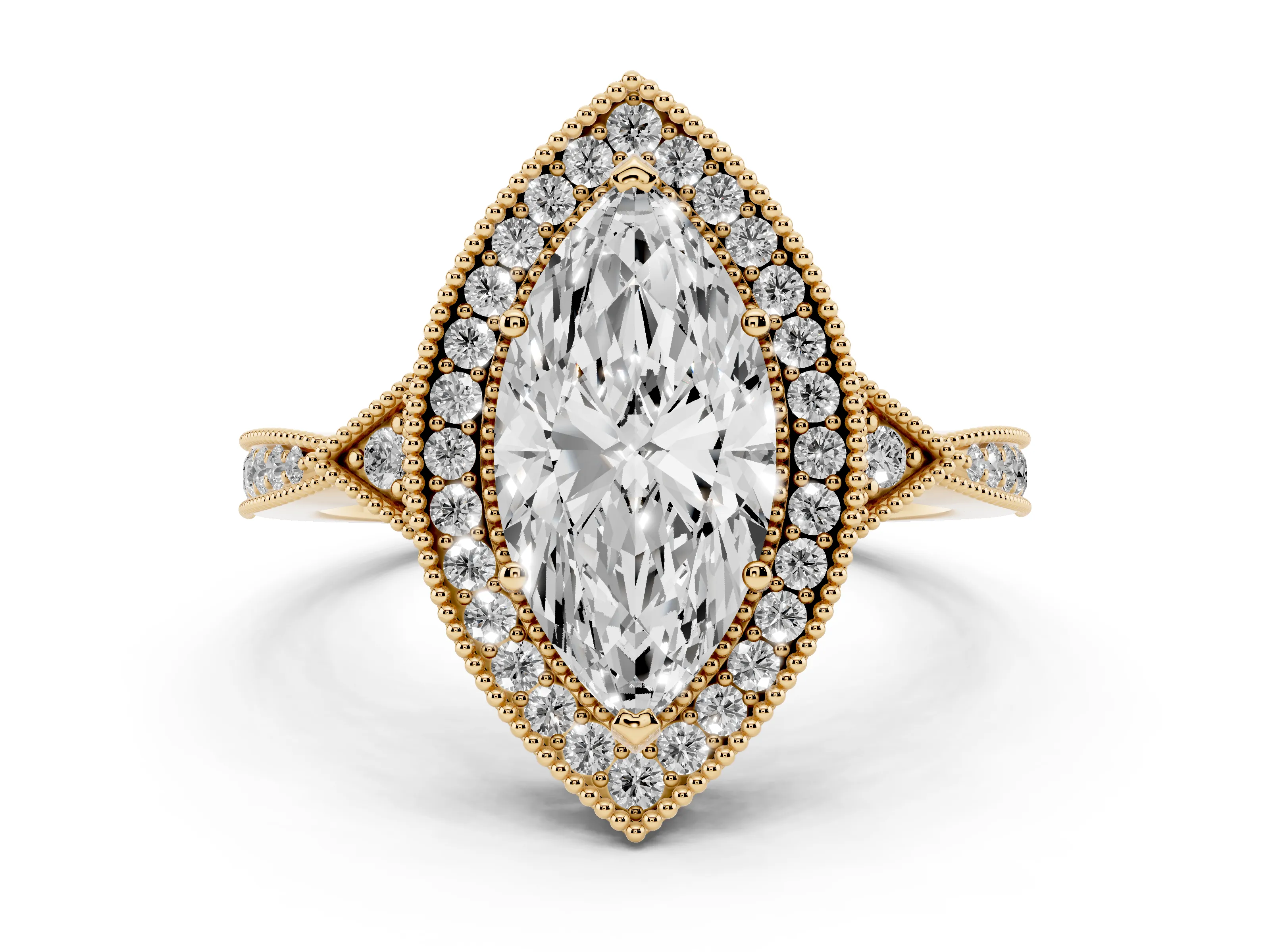 Marquise Cut Diamond Halo Engagement Ring Set in Yellow gold with Milgrain Pavé Band