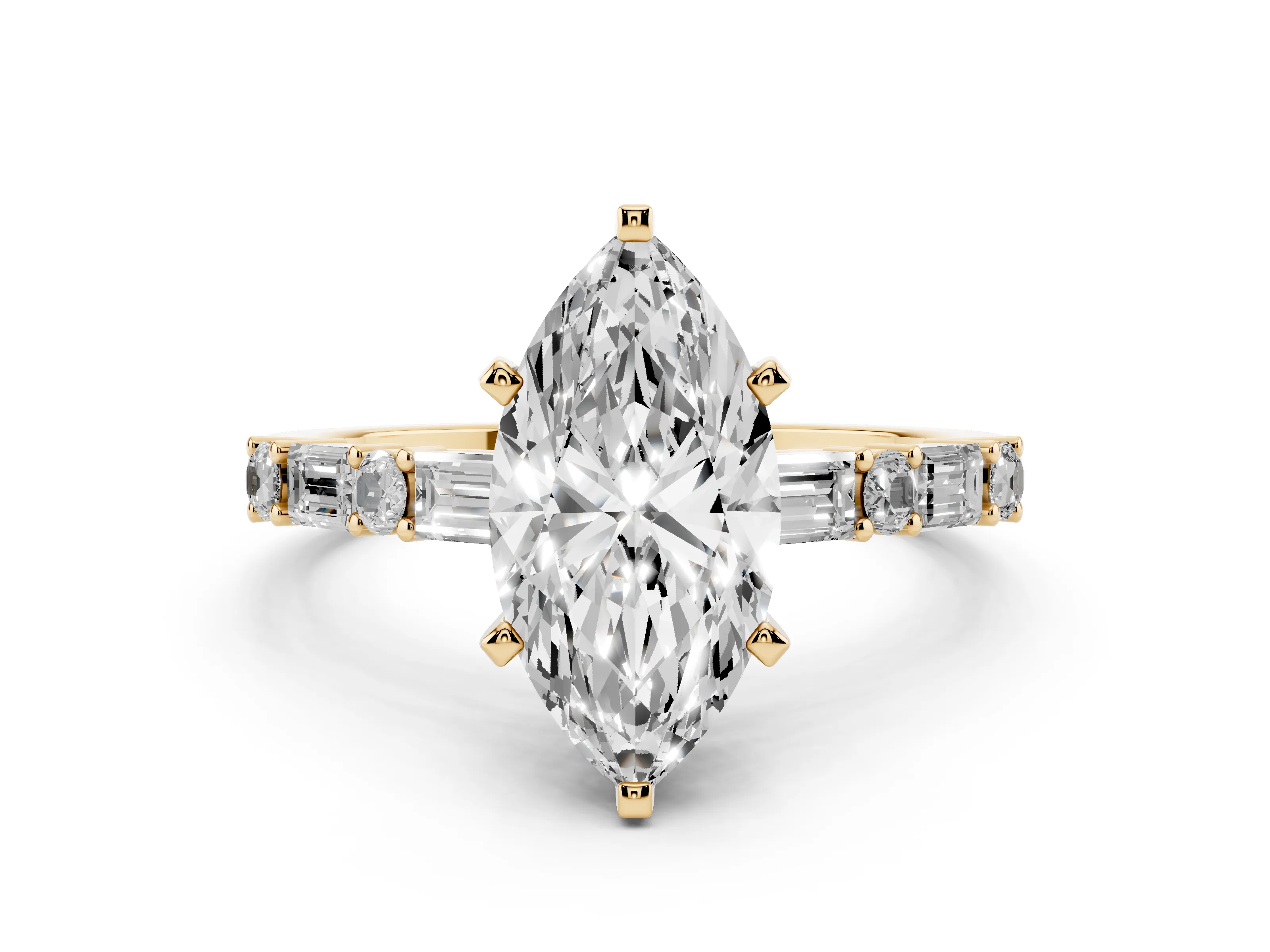 Marquise Cut Diamond Solitaire Set in Yellow gold with Side Baguettes and Channel Set Band