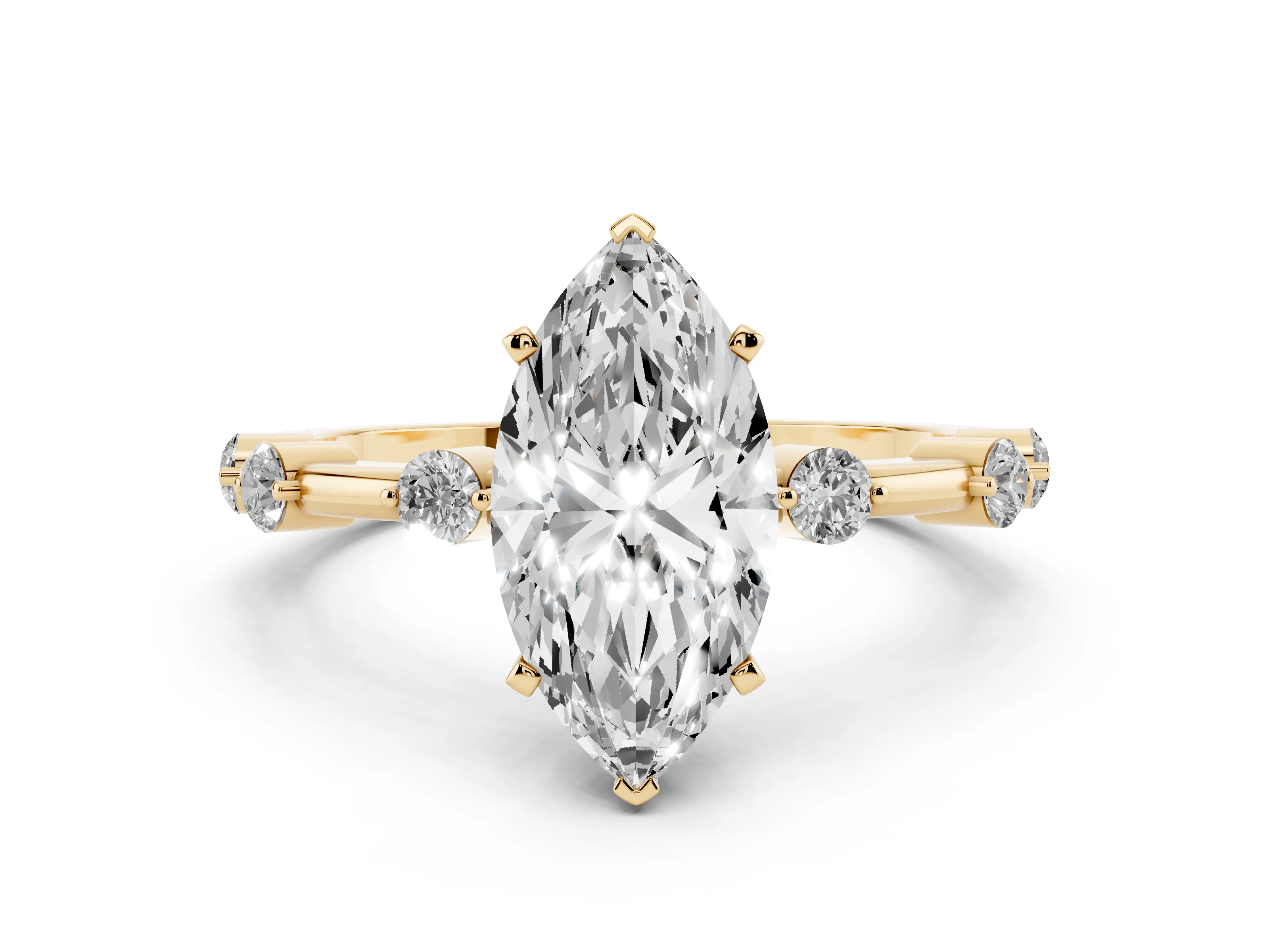 Marquise Cut Diamond Solitaire Ring Set in Yellow gold with Bezel Set Side Stones and Prong Setting