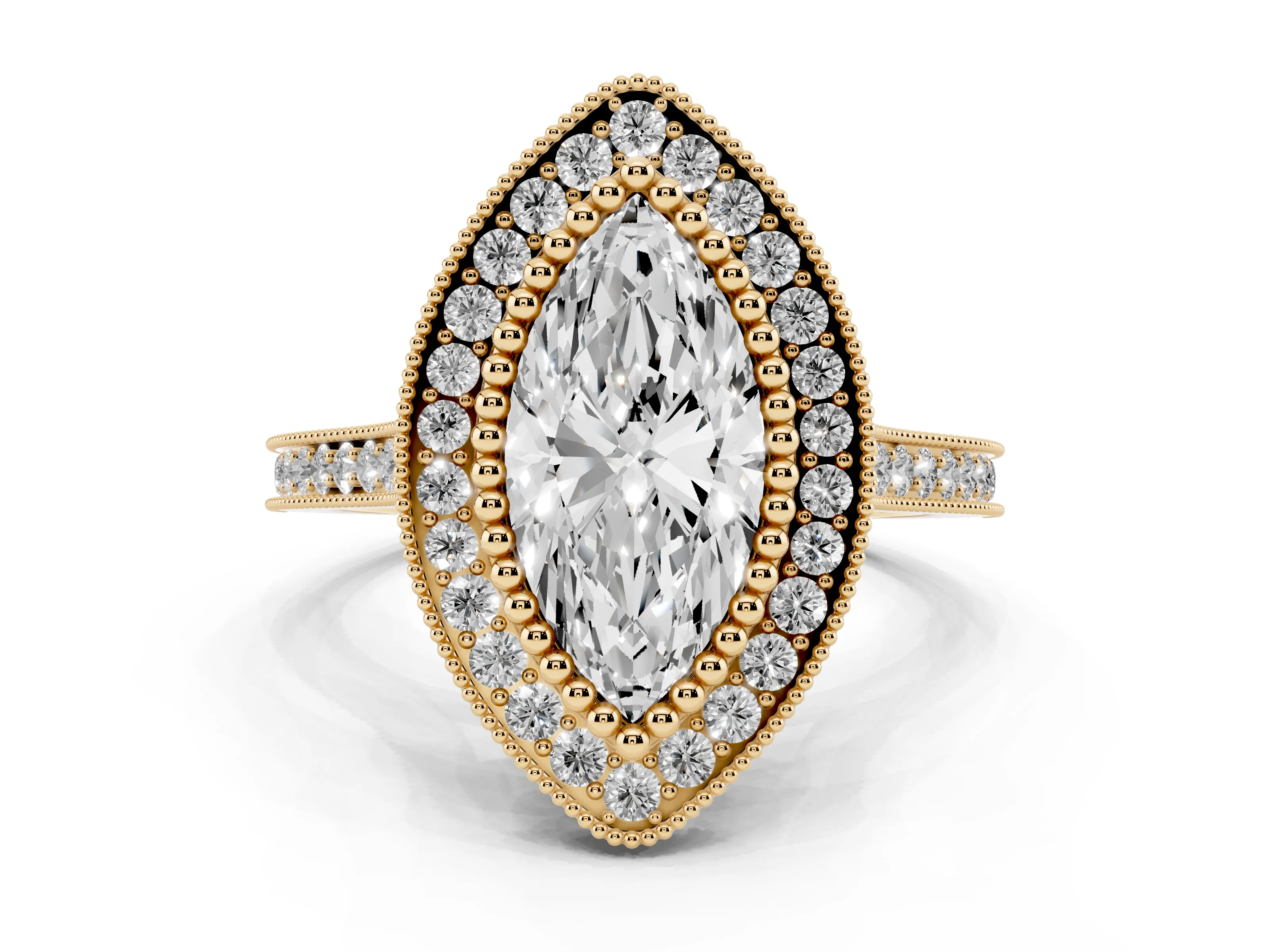 Marquise Cut Diamond Halo Ring Set in Yellow gold with Milgrain Frame and Pavé Band