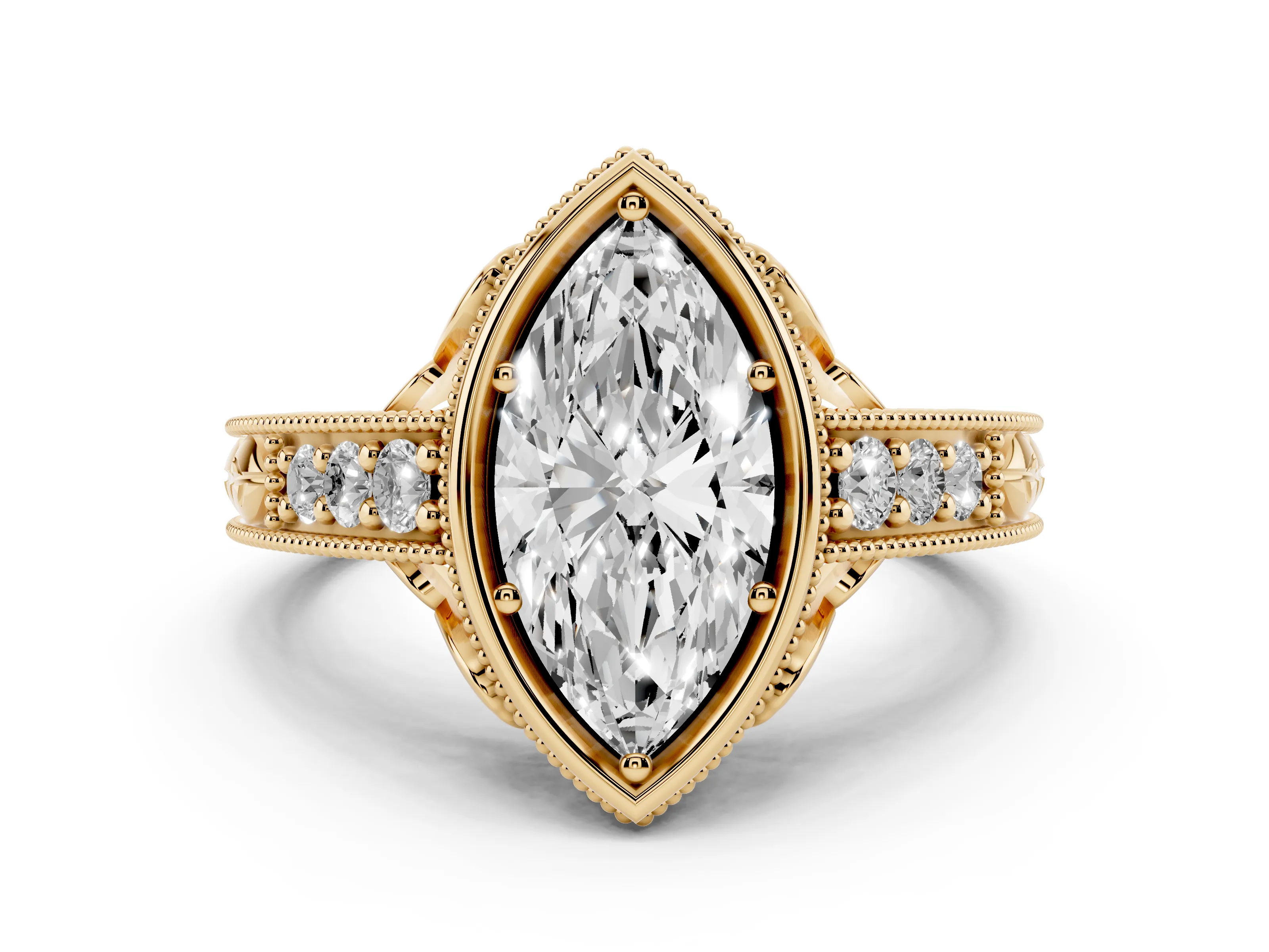 Bezel Set Marquise Cut Diamond Milgrain Pavé Engagement Ring Set in Yellow gold